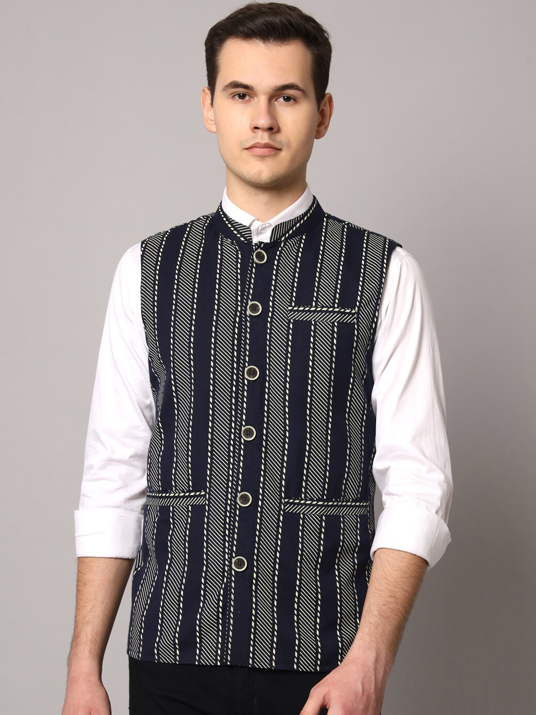 

Sutidora Men Printed Pure Cotton Nehru Jacket, Blue