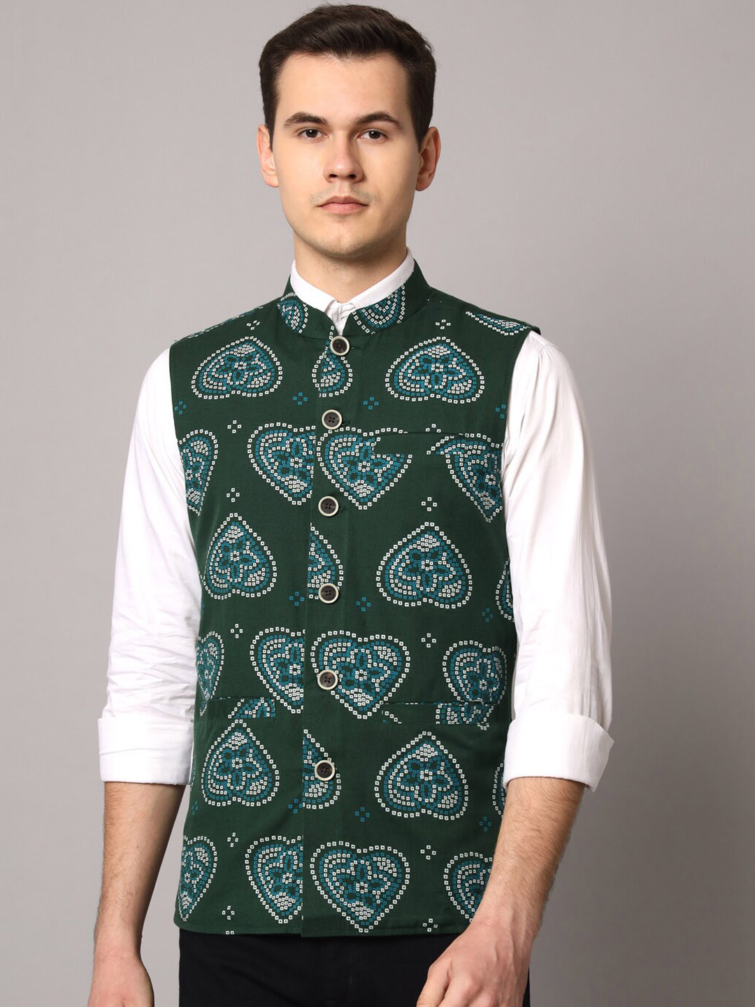 

Sutidora Printed Pure-Cotton Nehru Jacket, Green