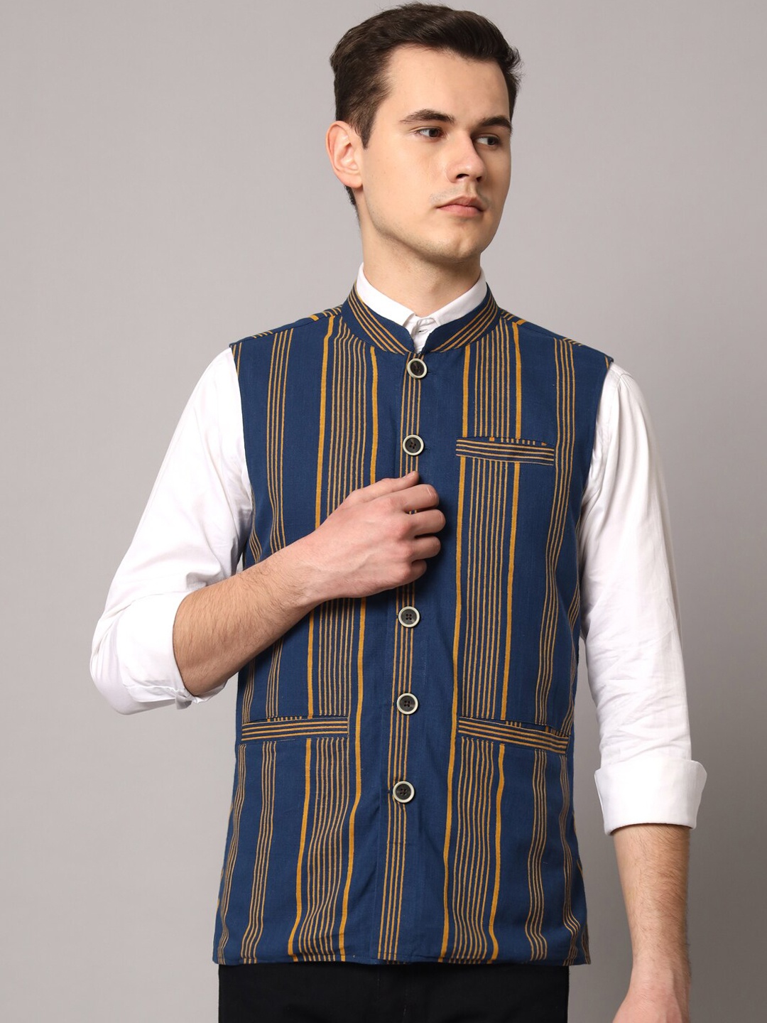 

Sutidora Striped Pure Cotton Nehru Jacket, Blue