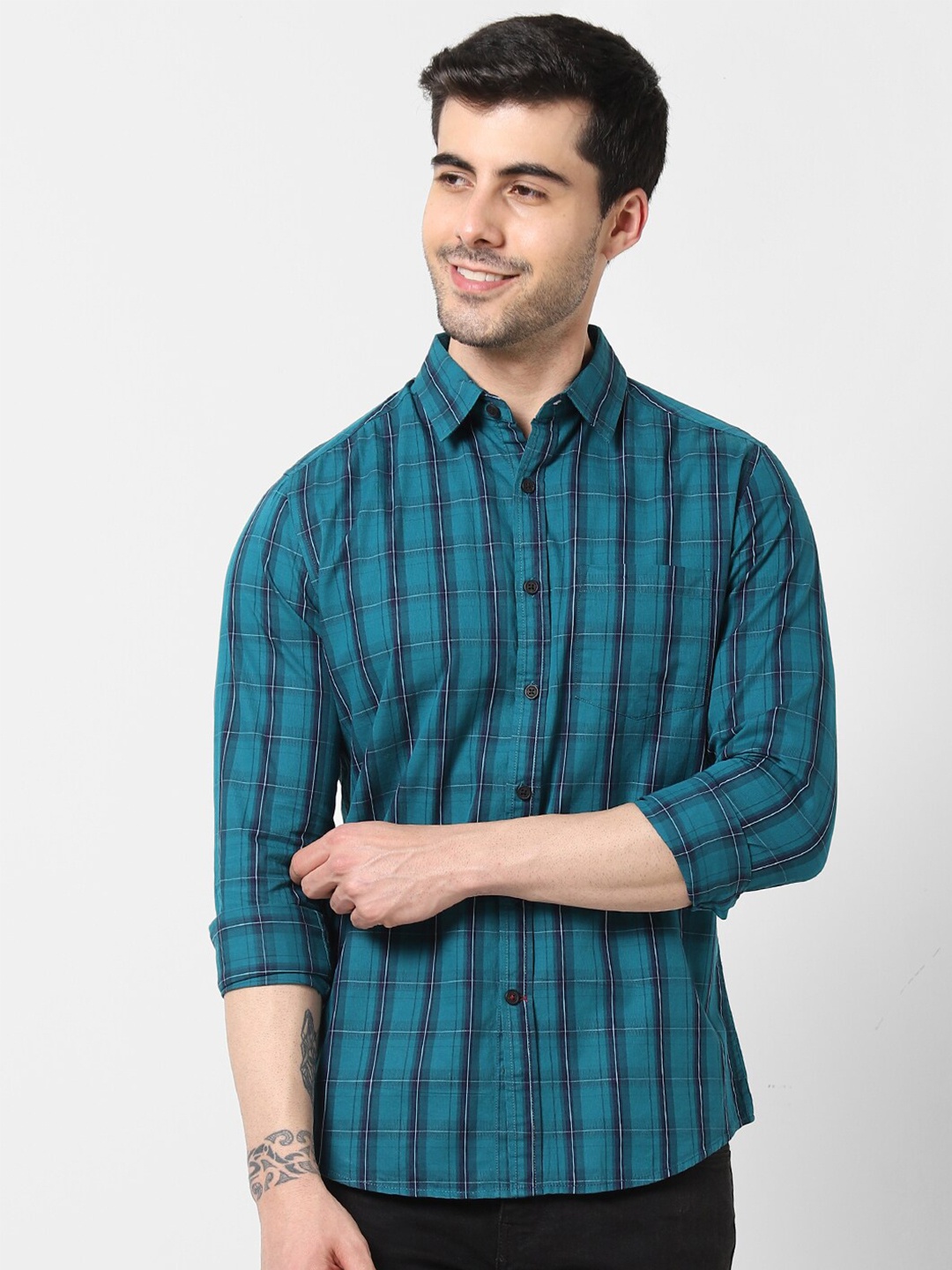 

VASTRADO Shepherd Checks Checked Cotton Casual Shirt, Green