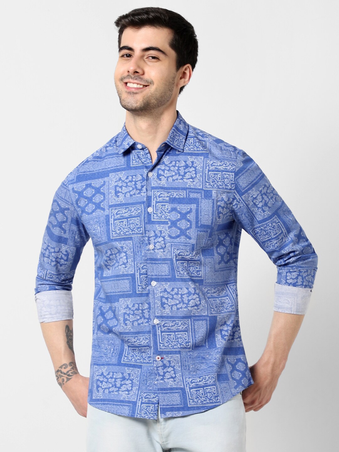 

VASTRADO Ethnic Motifs Printed Spread Collar Cotton Casual Shirt, Blue