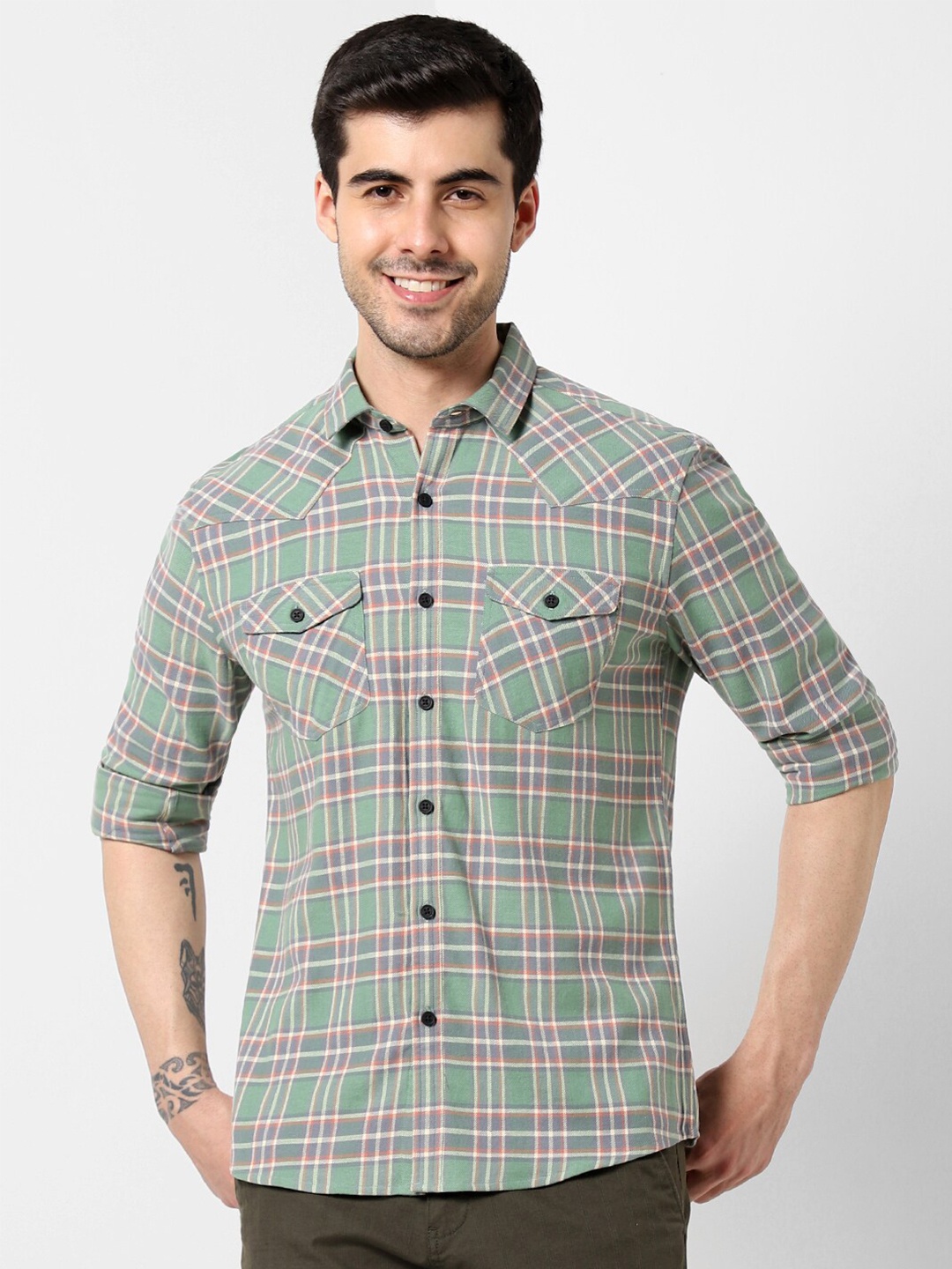 

VASTRADO Tartan Checks Checked Cotton Casual Shirt, Green