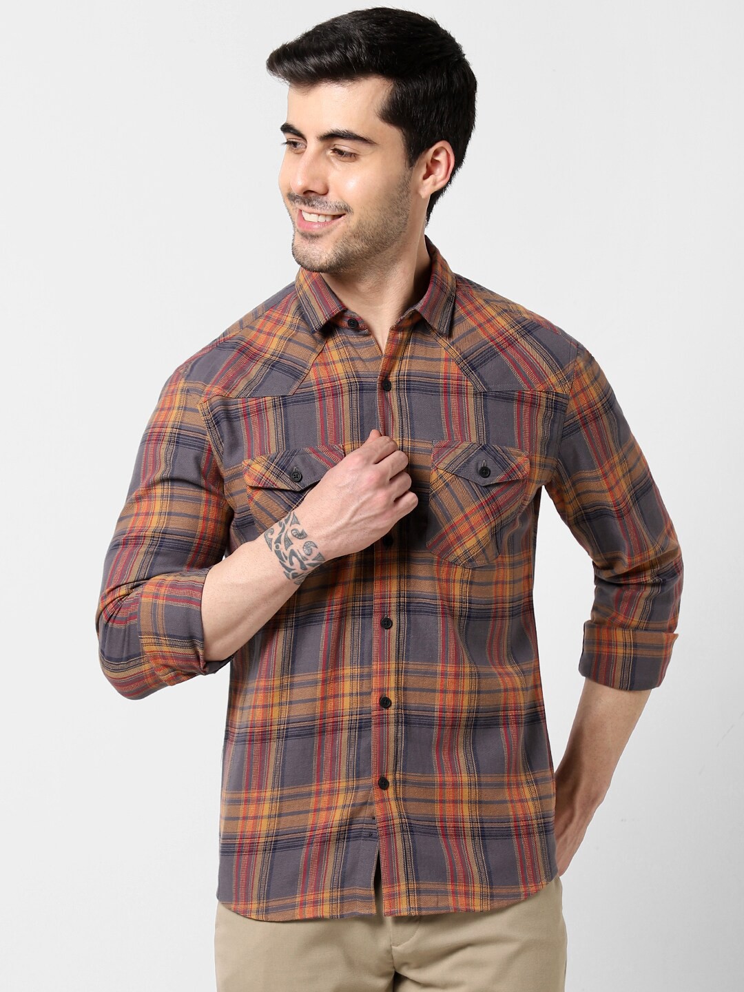 

VASTRADO Tartan Checks Checked Cotton Casual Shirt, Mustard