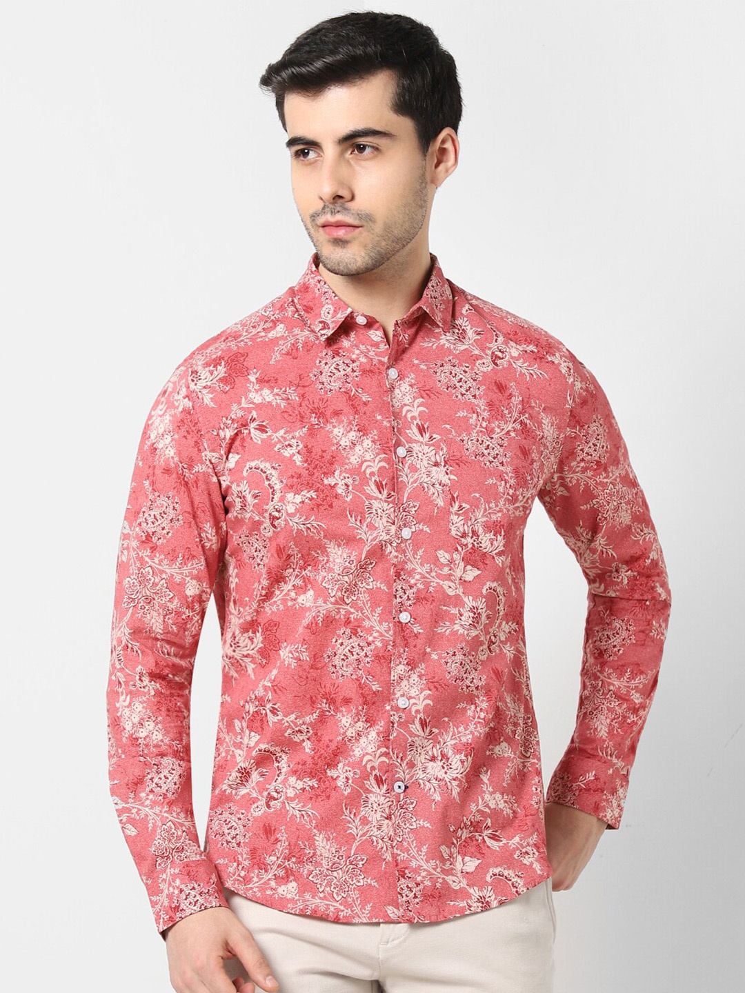 VASTRADO Floral Printed Cotton Casual Shirt, Coral