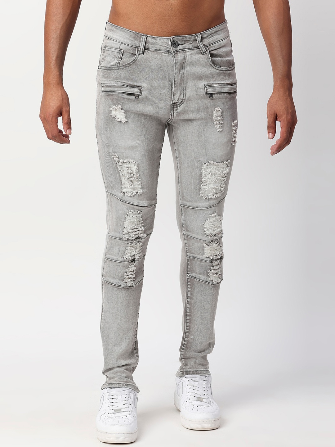 

WAIMEA Men Skinny Fit Highly Distressed Heavy Fade Stretchable Jeans, Grey