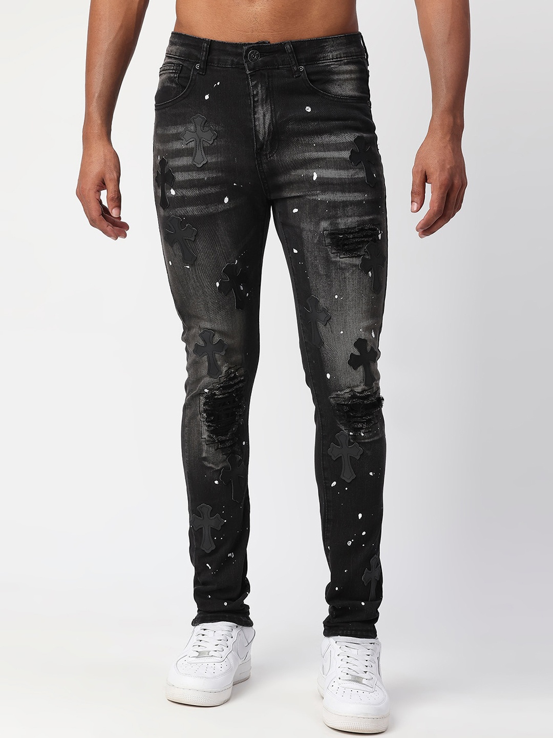 

WAIMEA Men Skinny Fit Mildly Distressed Stretchable Jeans, Black