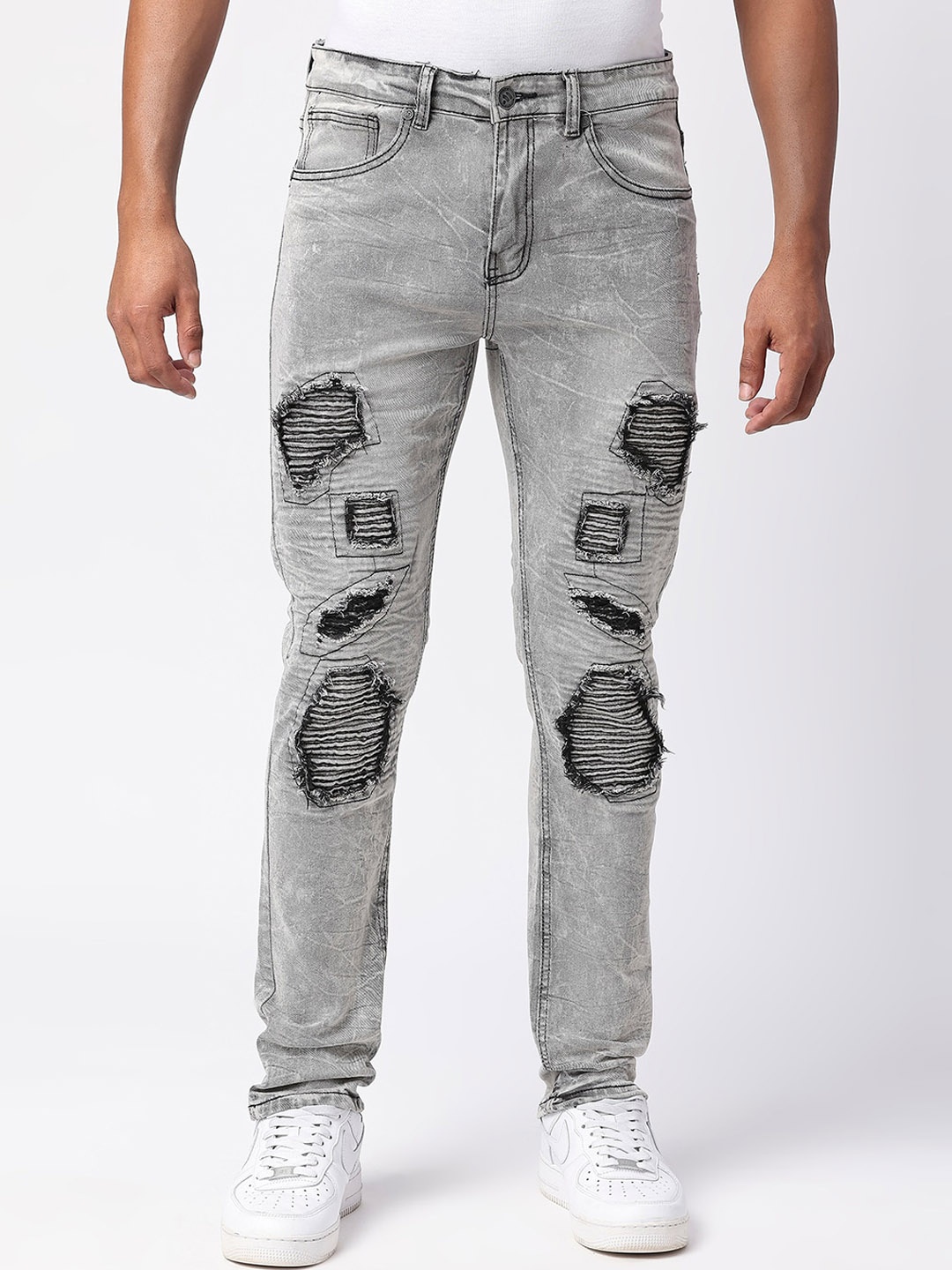 

WAIMEA Men Skinny Fit Highly Distressed Heavy Fade Stretchable Jeans, Grey