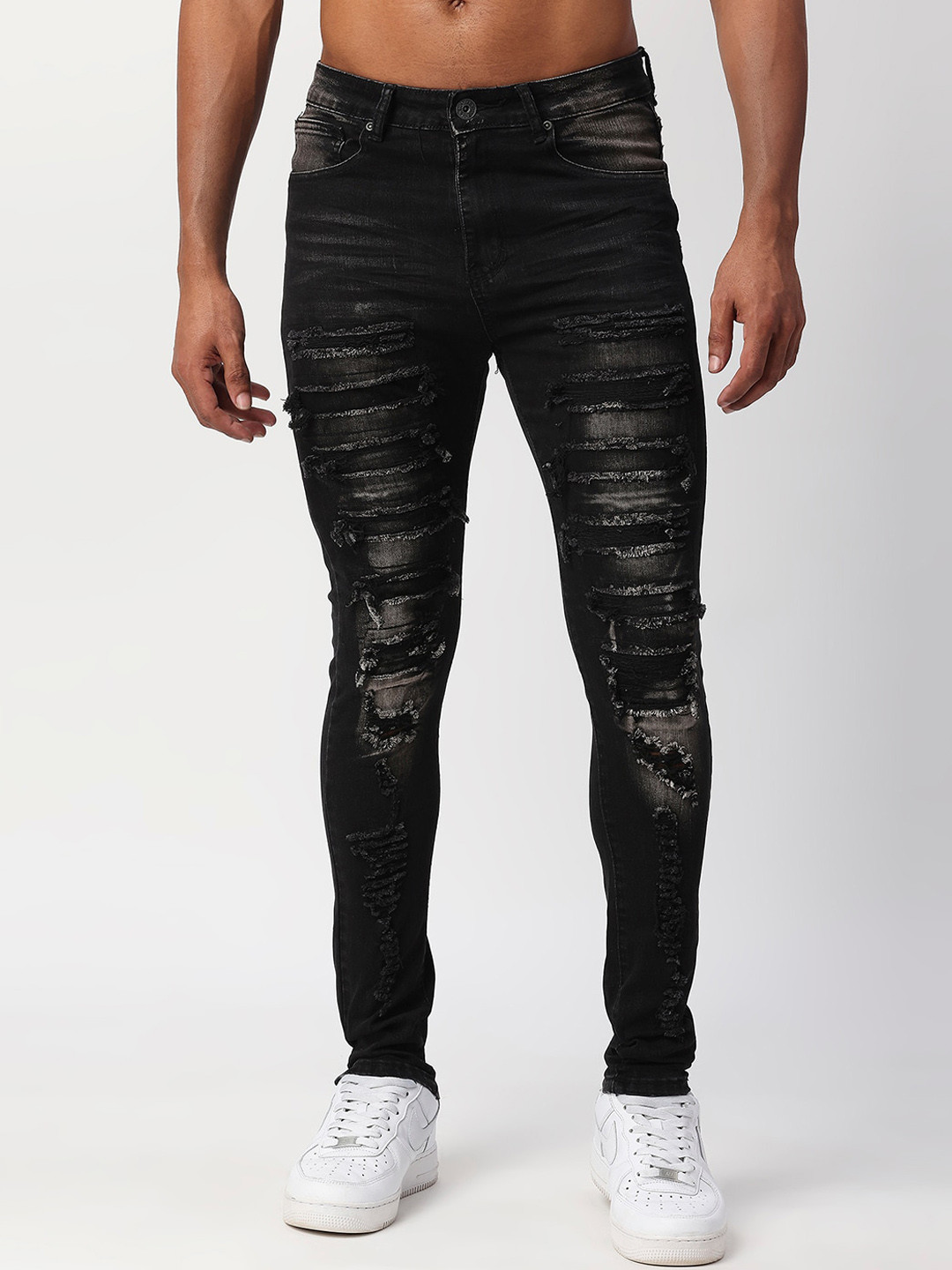 

WAIMEA Men Skinny Fit Highly Distressed Heavy Fade Stretchable Jeans, Black