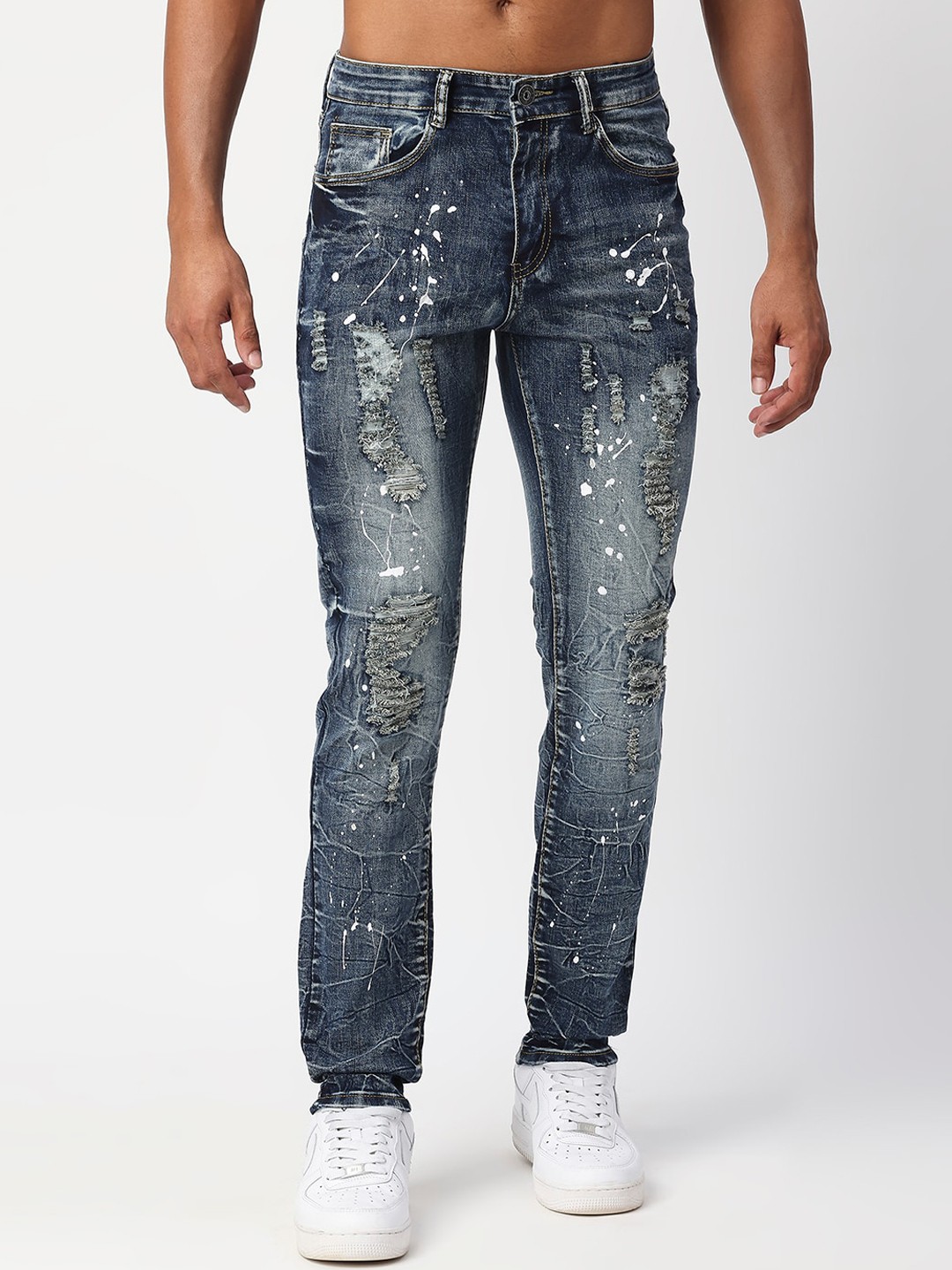 

WAIMEA Men Skinny Fit Highly Distressed Stretchable Jeans, Navy blue