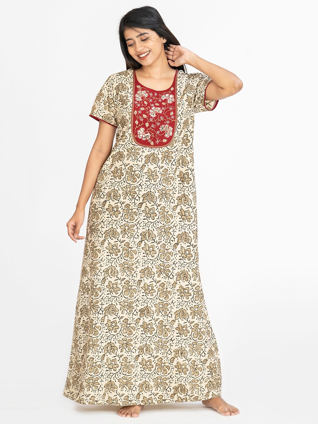 

Maybell Floral Printed Pure Cotton Maxi Nightdress, Cream