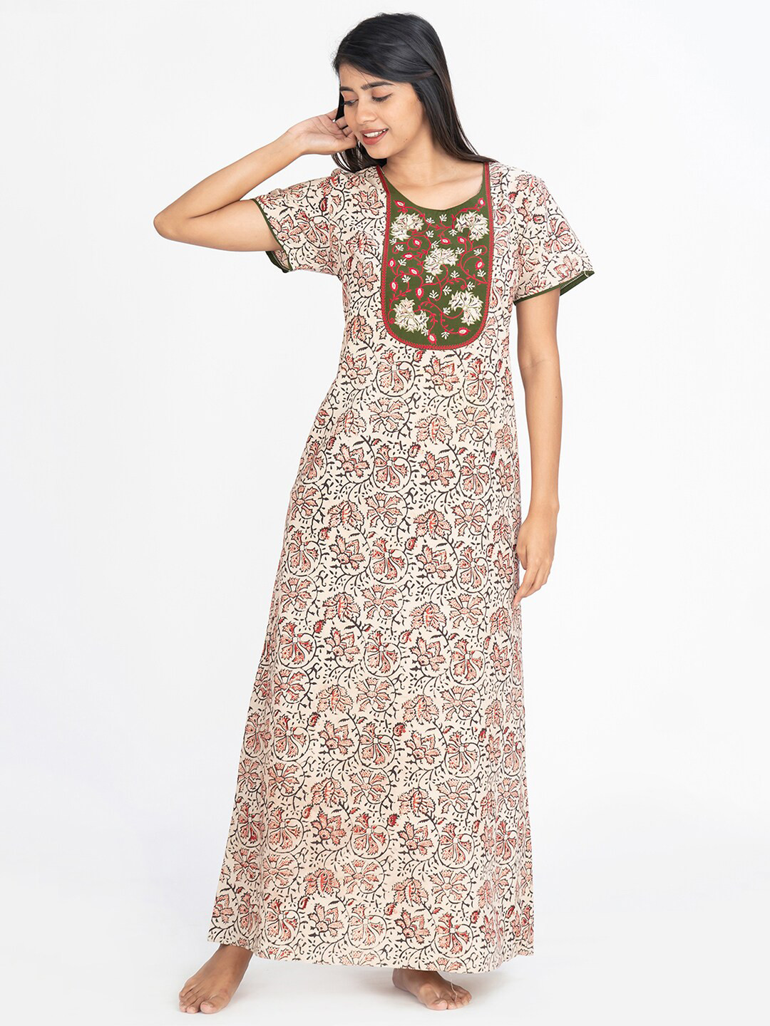 

Maybell Floral Printed Pure Cotton Maxi Nightdress, Cream
