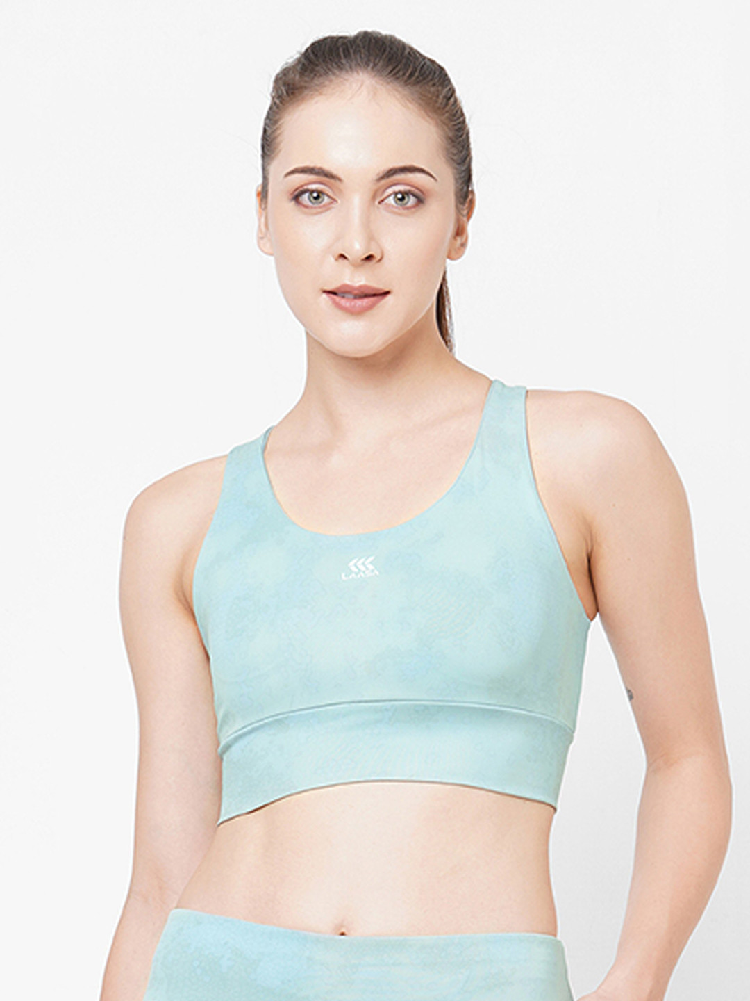

LAASA SPORTS Printed Full Coverage Styled Back Moisture Wicking Dry Fit Sports Bra, Green