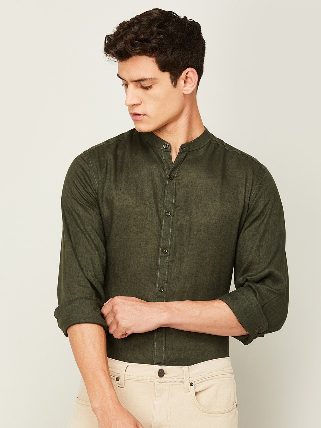 

CODE by Lifestyle Mandarin Collar Long Sleeves Linen Casual Shirt, Olive