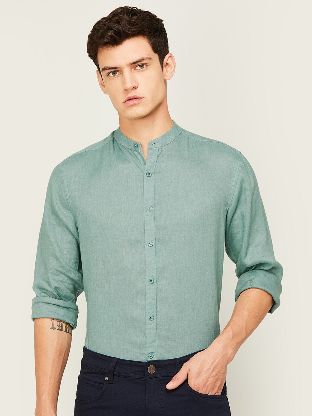 

CODE by Lifestyle Mandarin Collar Long Sleeves Linen Casual Shirt, Teal