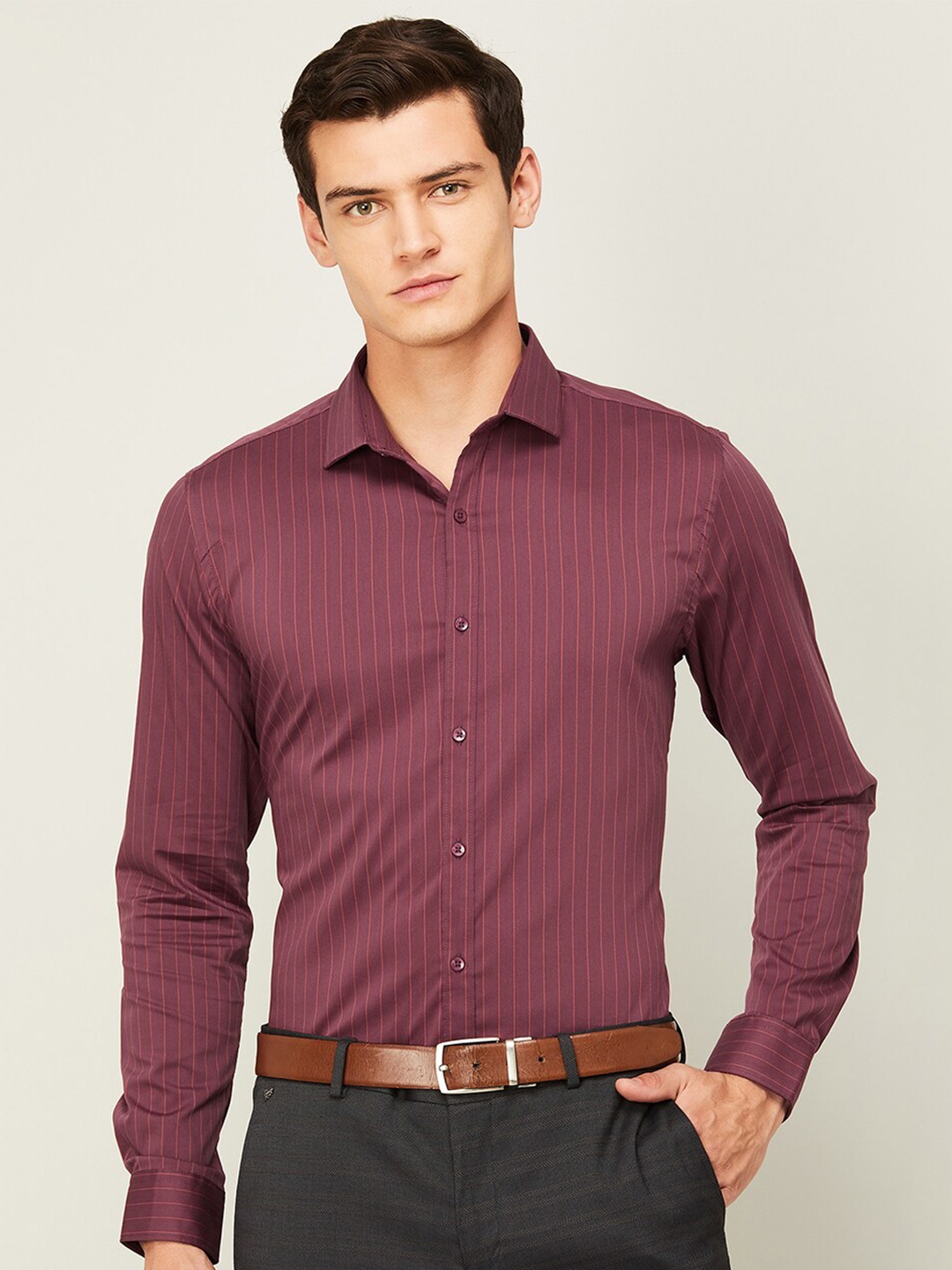 

CODE by Lifestyle Vertical Striped Spread Collar Formal Shirt, Maroon