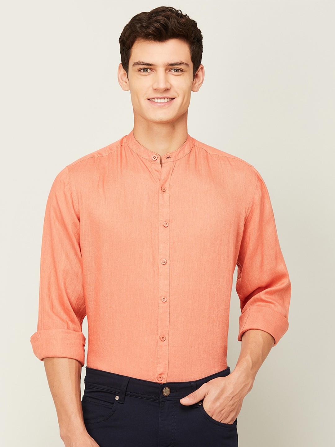 

CODE by Lifestyle Mandarin Collar Linen Casual Shirt, Orange
