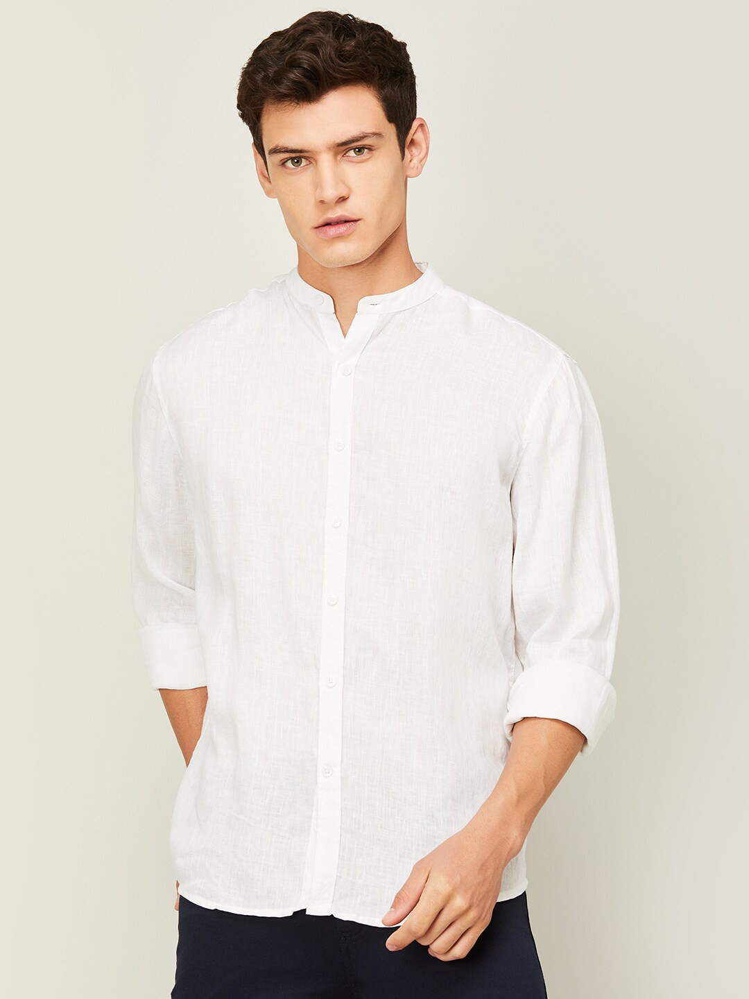 

CODE by Lifestyle Mandarin Collar Linen Casual Shirt, White