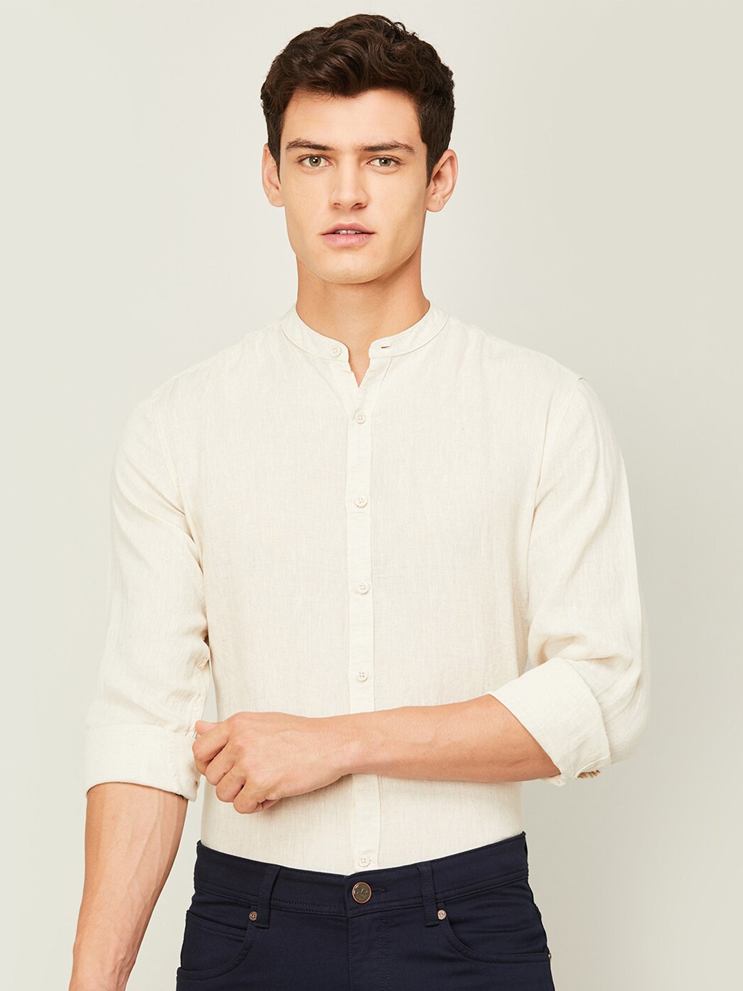 

CODE by Lifestyle Mandarin Collar Linen Casual Shirt, Beige