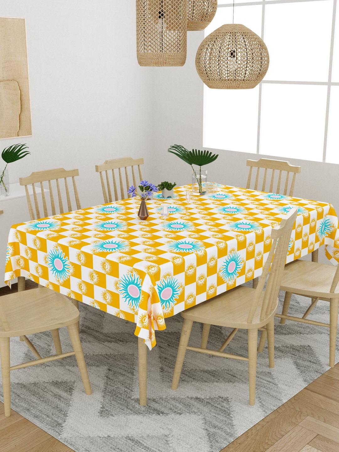 

EverHOME Yellow & Blue Geometric Printed Cotton 6 Seater Table Cover
