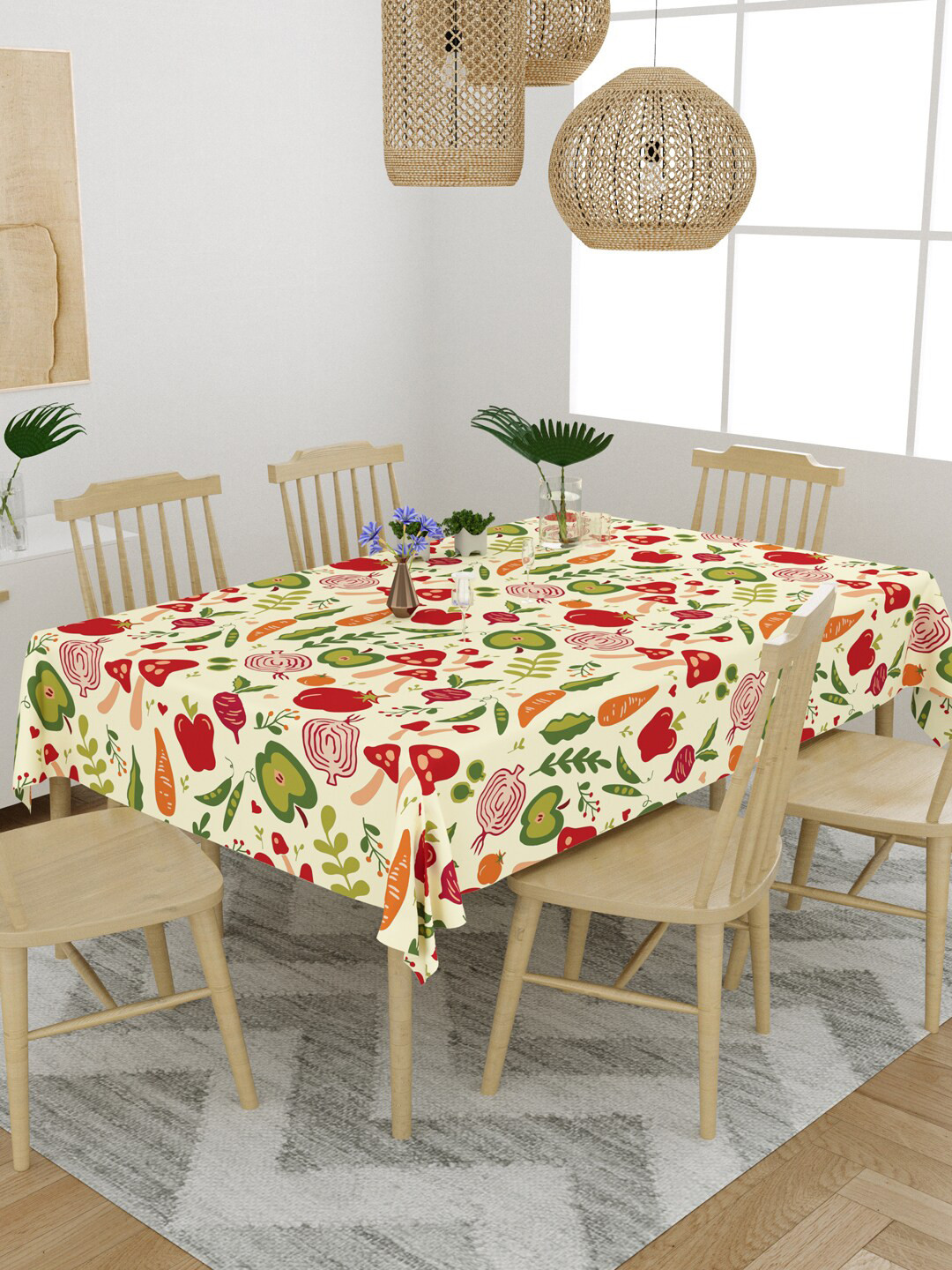 

EverHOME Cream-Colored & Red Printed Cotton 6 Seater Table Cover