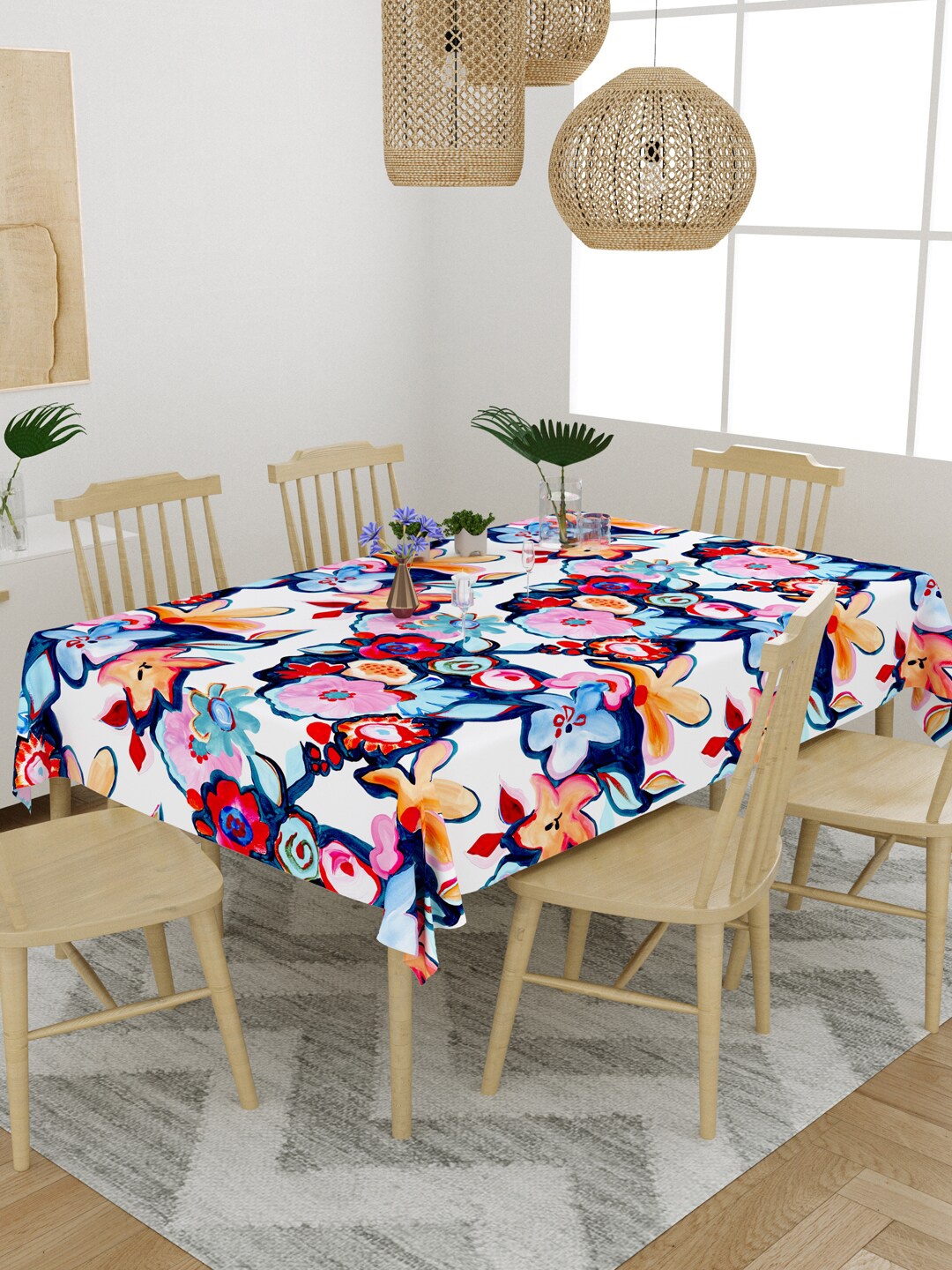 

EverHOME Blue & Orange Floral Printed Cotton 6 Seater Table Cover