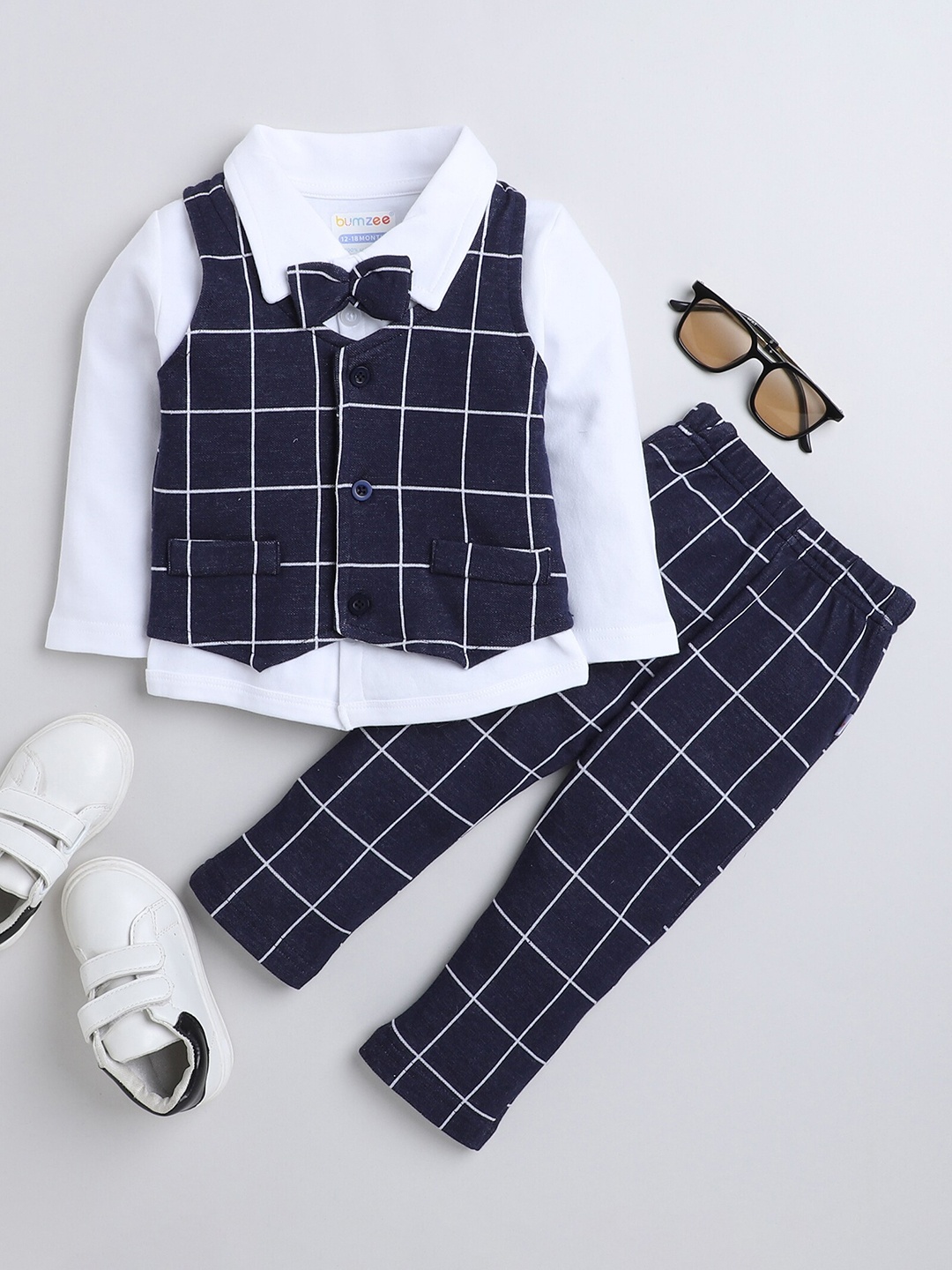

BUMZEE Infant Boys Checked Pure Cotton Shirt with Trousers & Waistcoat Clothing Set, Navy blue