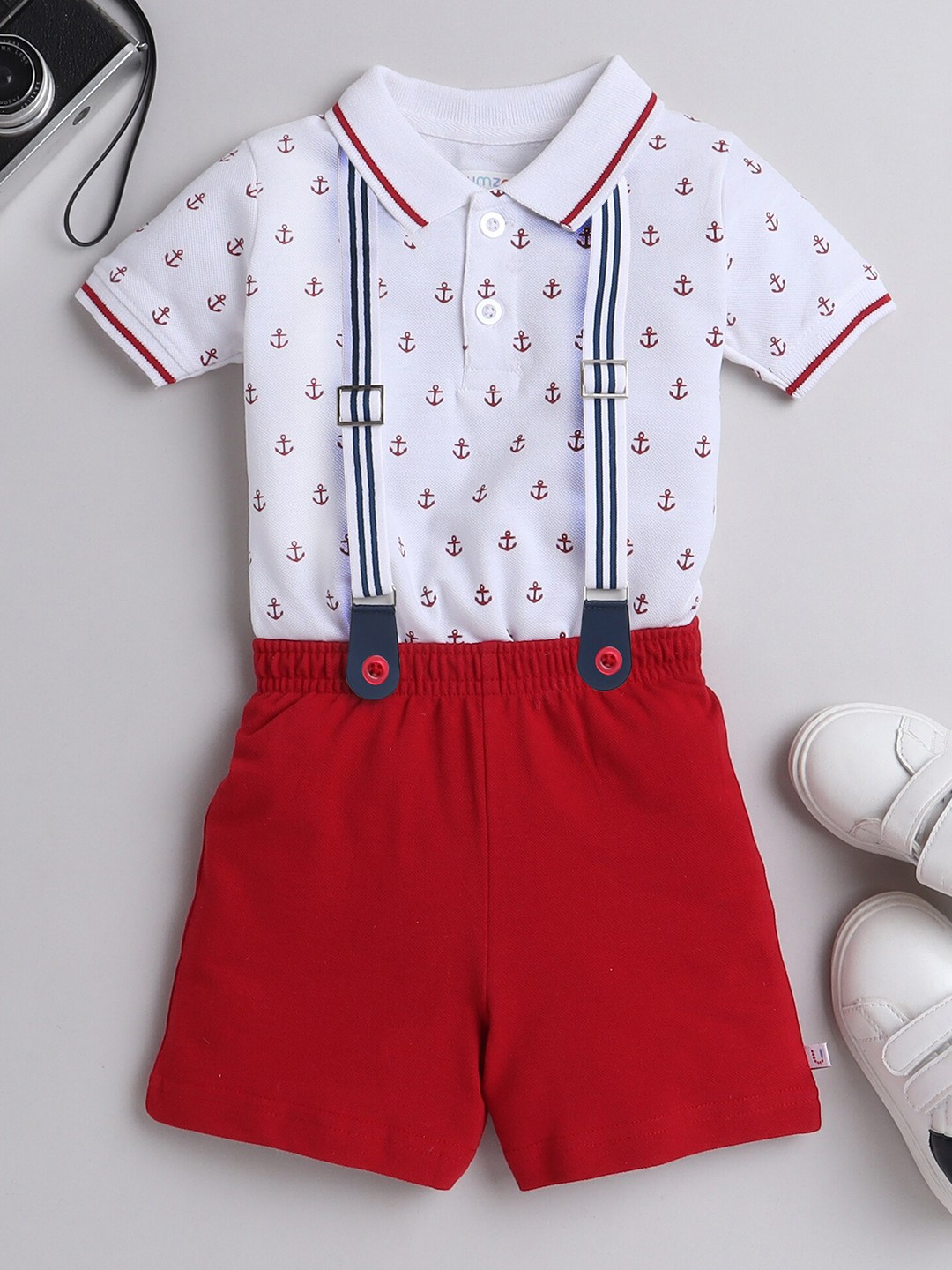 

BUMZEE Infants Boys Printed Pure Cotton T-shirt With Shorts & Suspender, White
