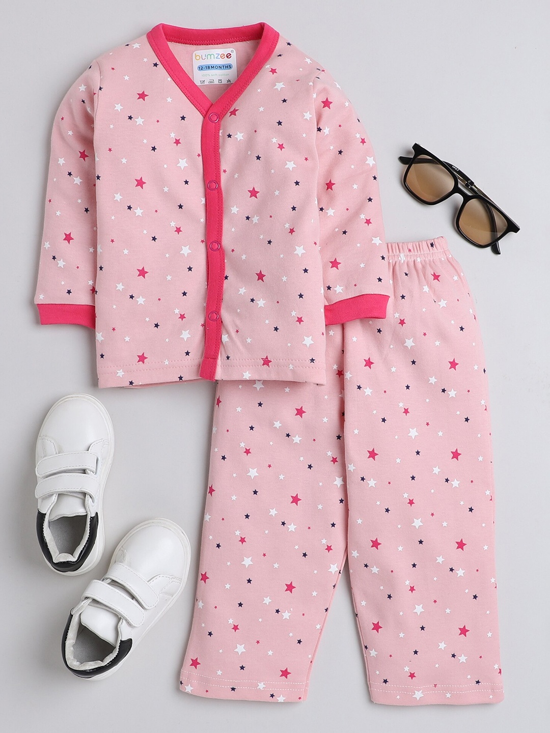 

BUMZEE Infant Girls Printed Pure Cotton V-Neck Top with Pyjamas Clothing Set, Pink