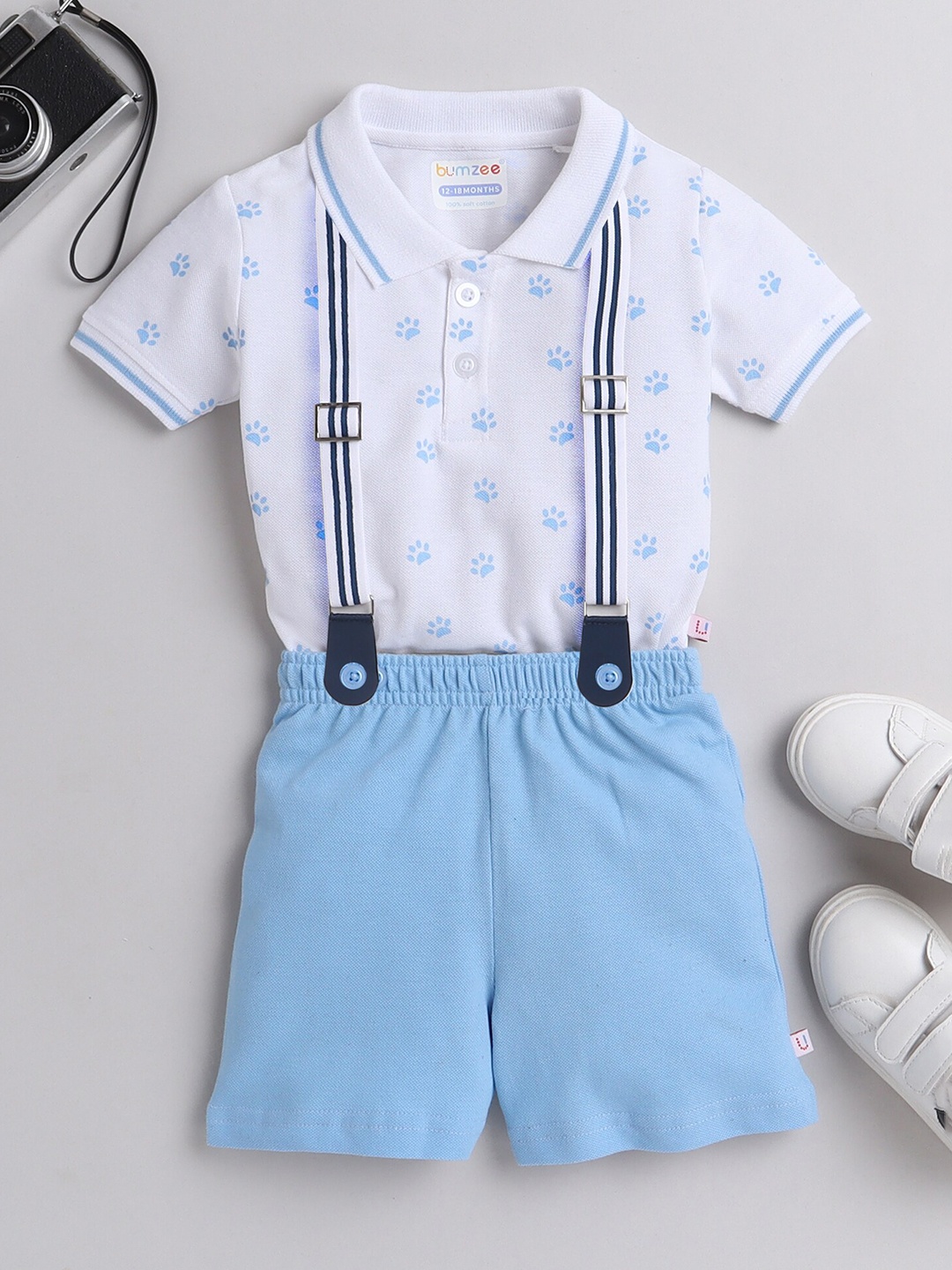 

BUMZEE Boys Printed Pure Cotton T-shirt with Shorts, White