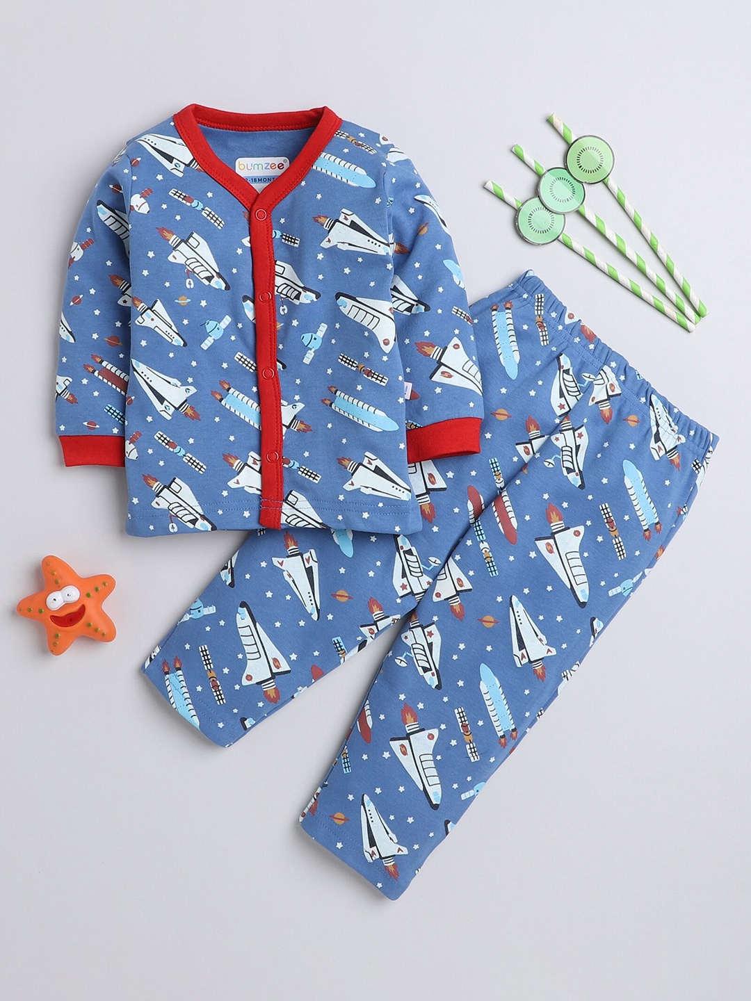 

BUMZEE Infants Boys Printed Pure Cotton T-shirt Top with Pyjamas, Blue