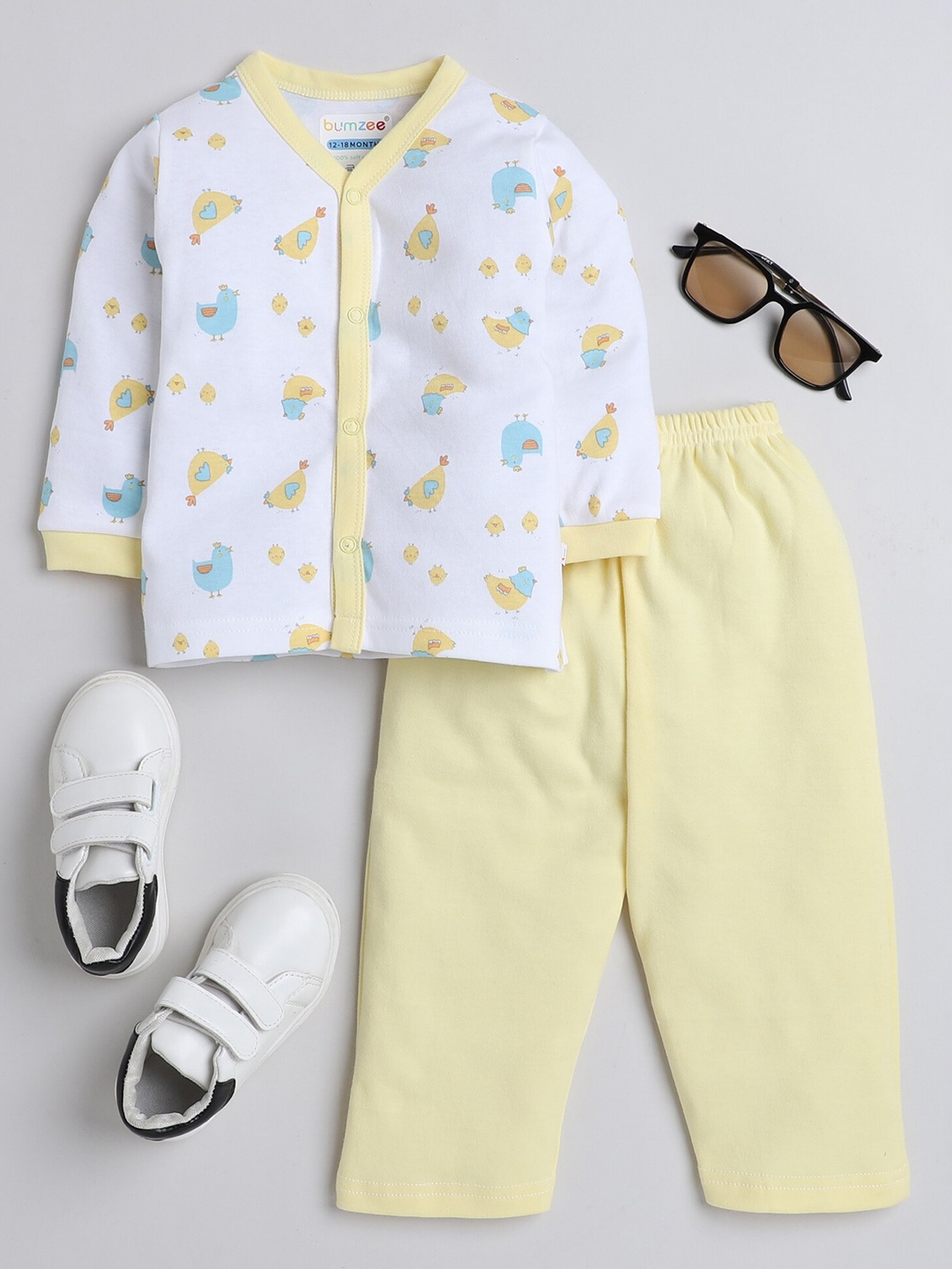 

BUMZEE Infant Girls Printed Pure Cotton V-Neck Top with Pyjamas Clothing Set, White