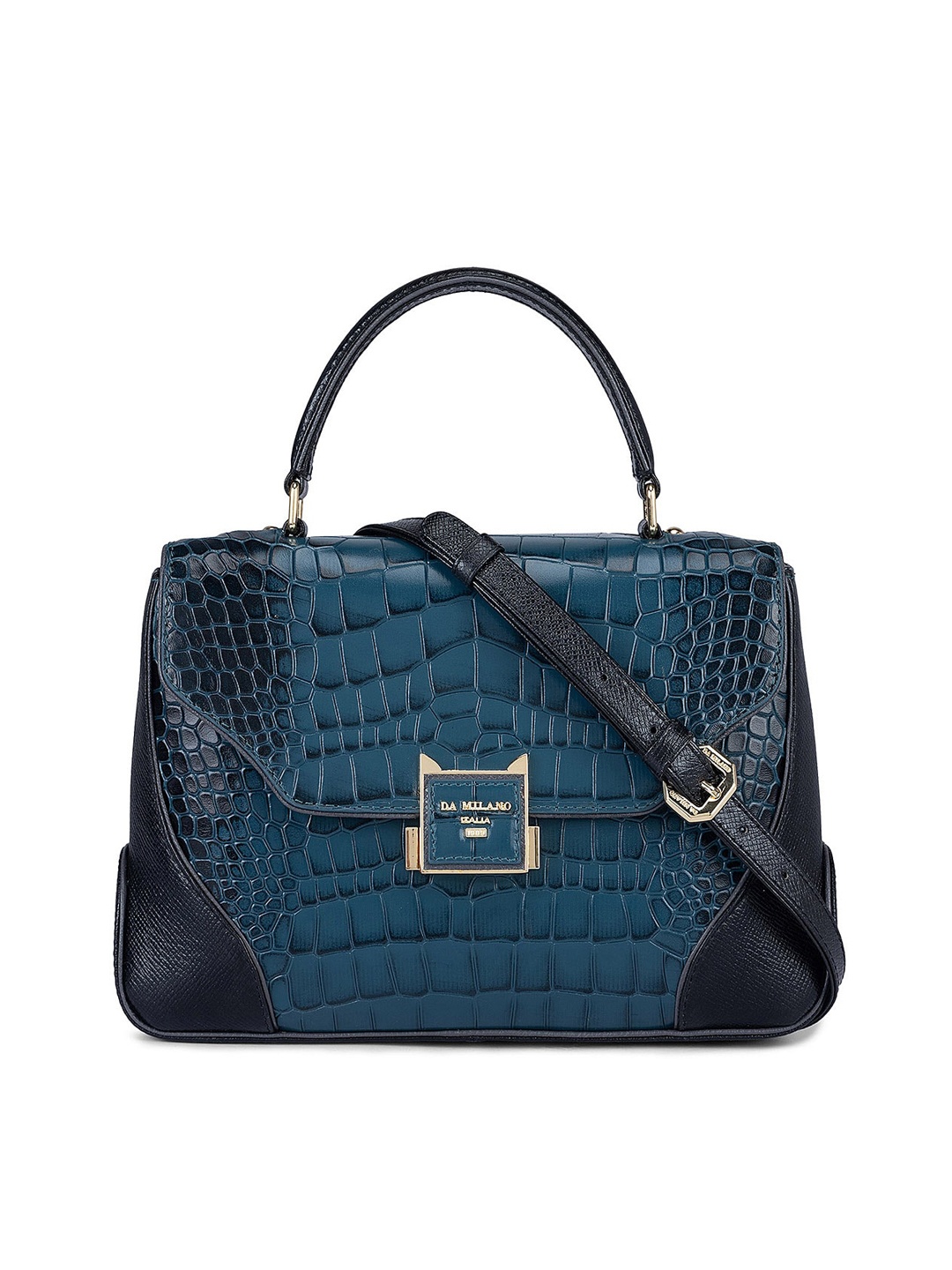

Da Milano Women Textured Leather Structured Handheld Bag with Buckle, Teal