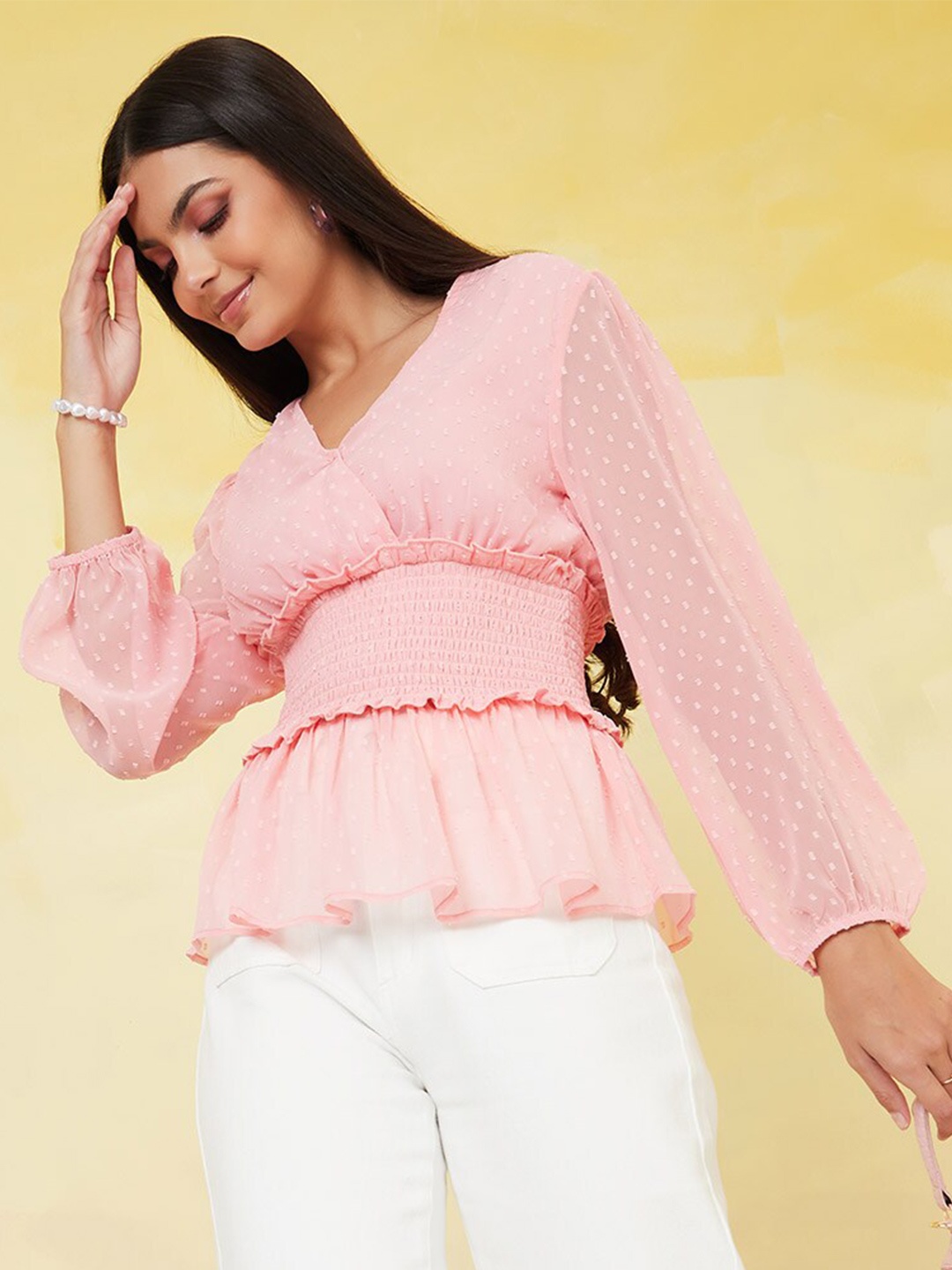 

Styli Self Design Smocking Puff Sleeves Wrap Top, Peach