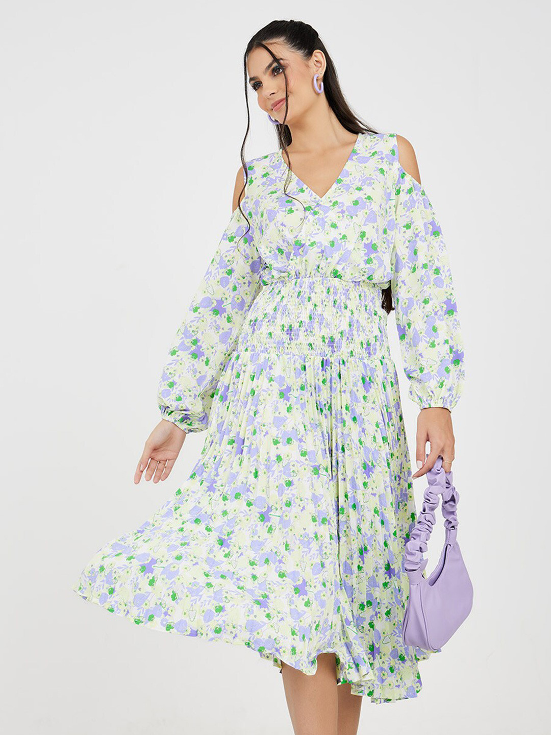 

Styli Floral Printed Cold-Shoulder Smocked Midi Wrap Dress, Yellow