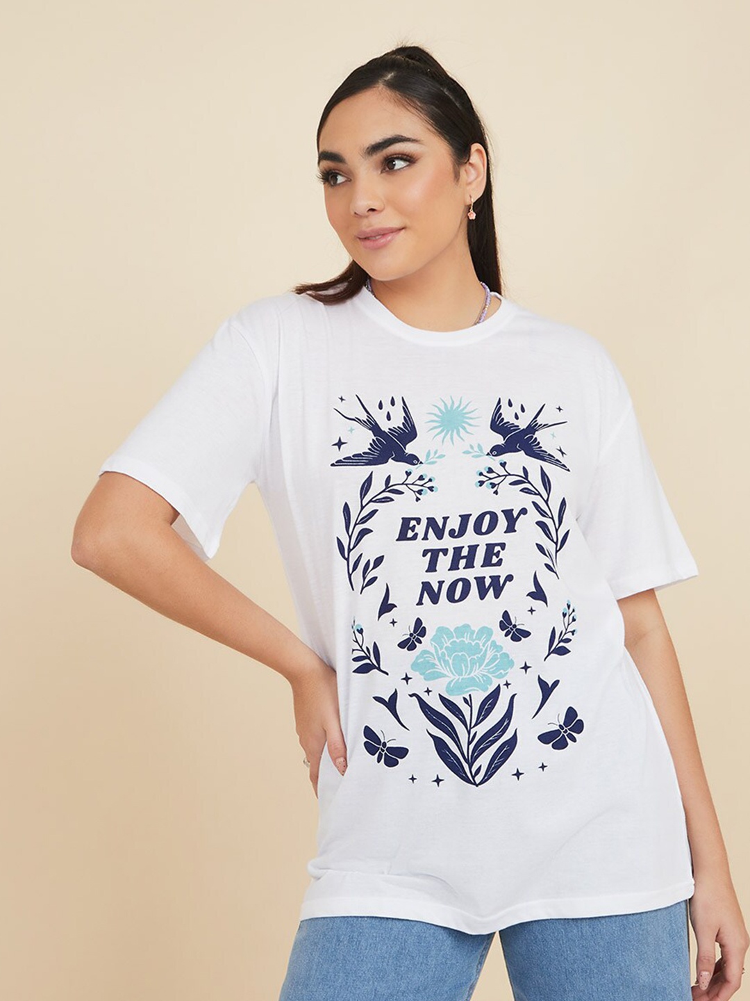 

Styli Women Typography Printed Oversized Knitted Cotton Oversized T-shirt, White