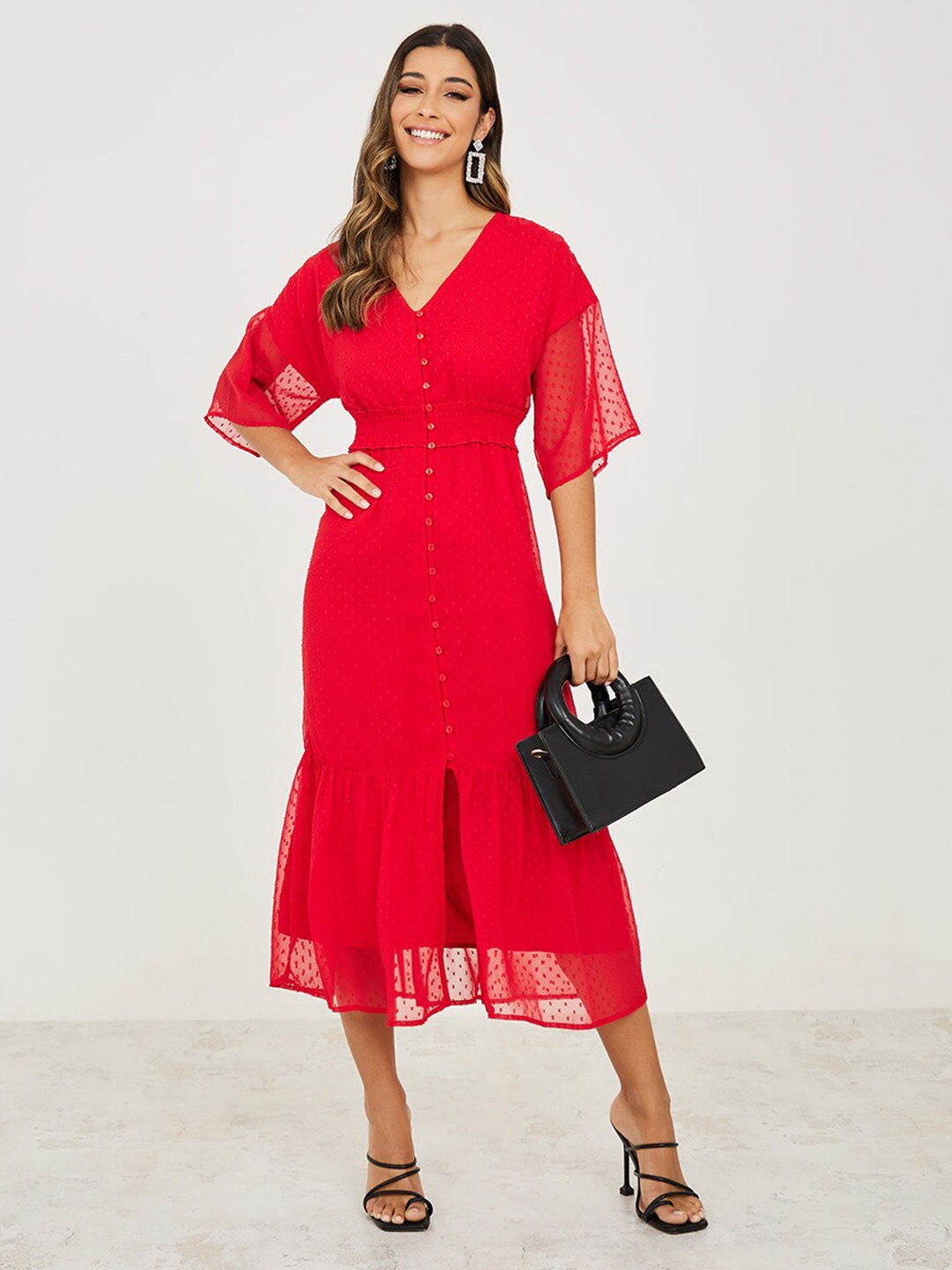 

Styli V- Neck Dobby Smocked A-Line Midi Dress, Red