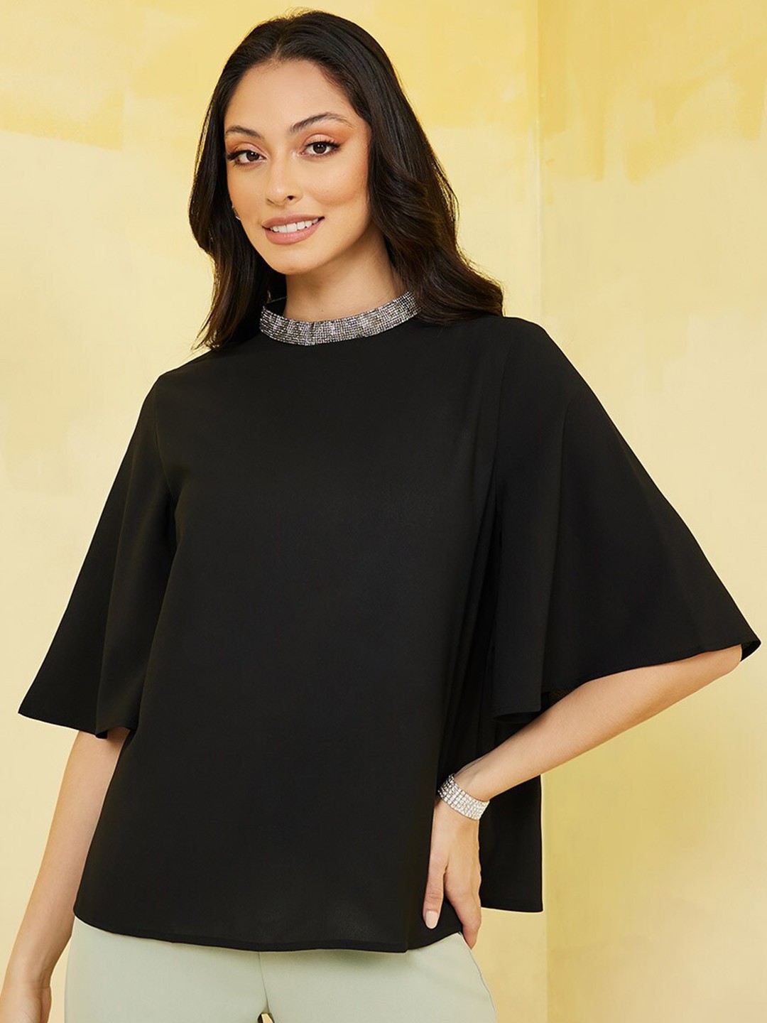 

Styli Jewel Neck Flared Sleeves Top, Black