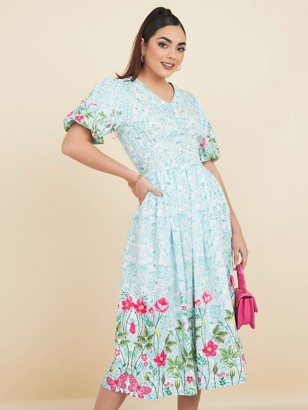 

Styli Floral Printed Puff Sleeves A-Line Midi Dress, Off white