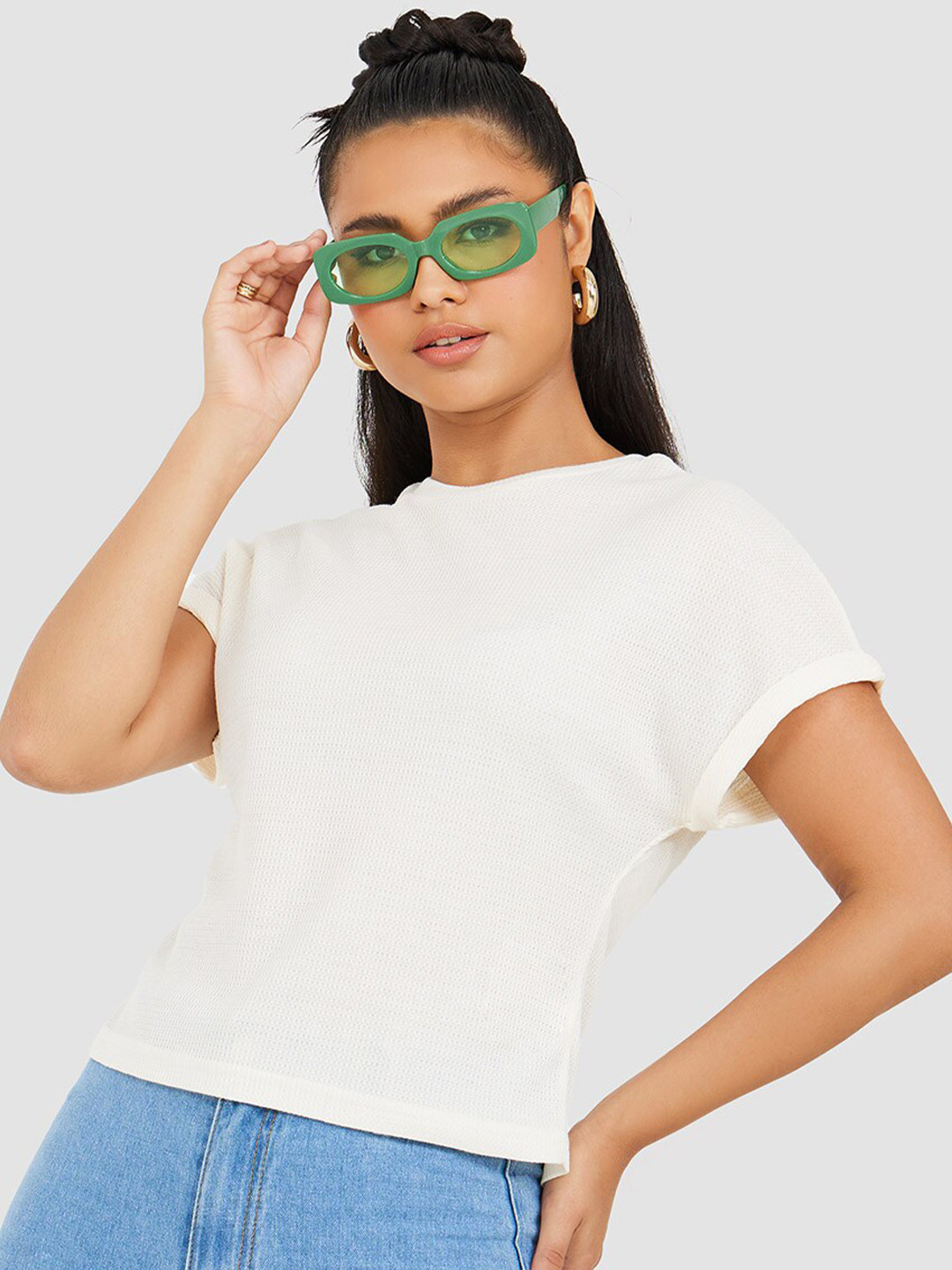 

Styli Women Waffle Knit Round Neck T-Shirt, Cream