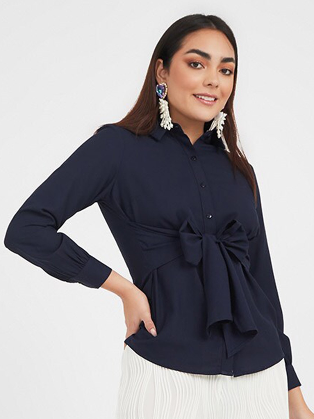 

Styli Long Sleeves Front Tie Shirt, Navy blue