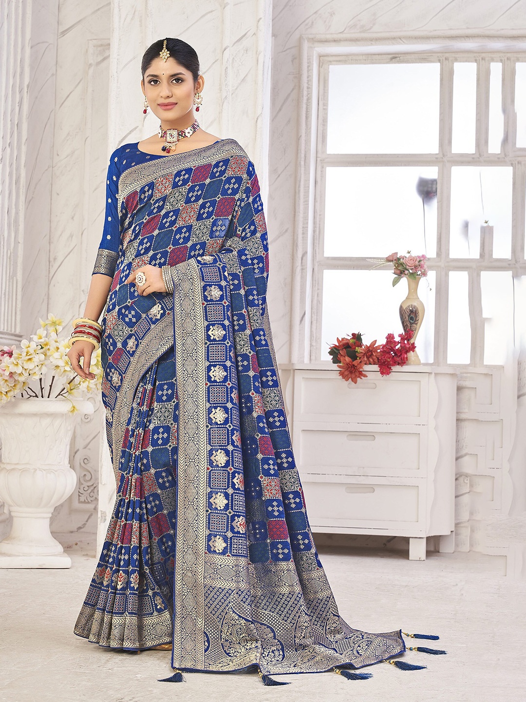 

elora Ethnic Motif Woven Design Zari Pure Georgette Banarasi Saree, Blue