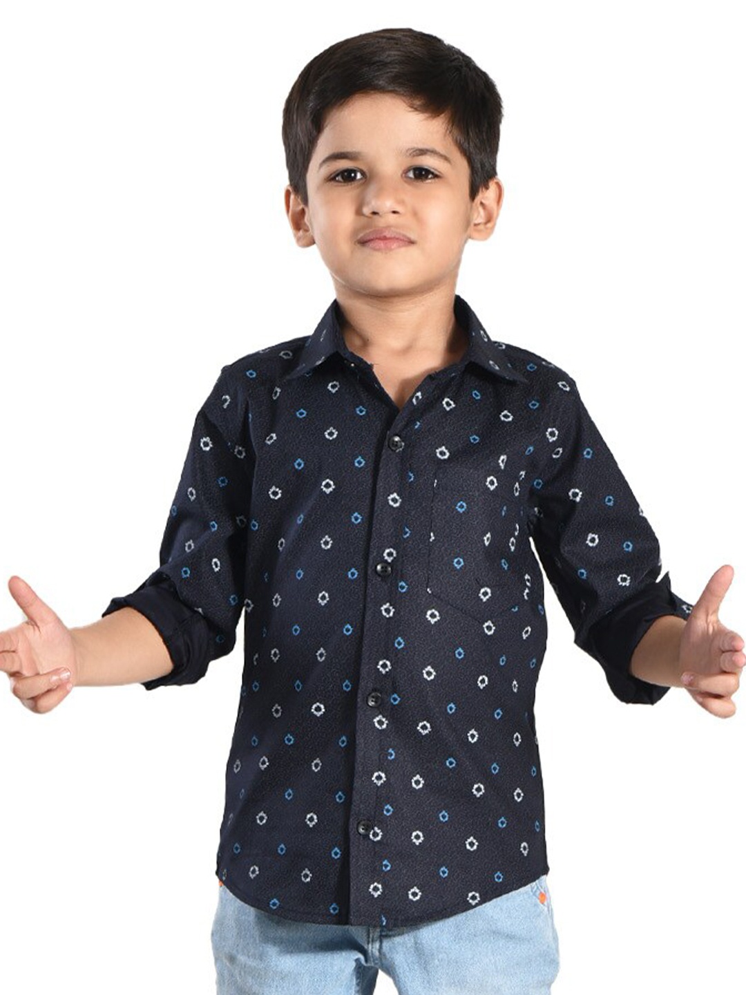 

POMY & JINNY Boys Slim Fit Conversational Printed Cotton Casual Shirt, Navy blue