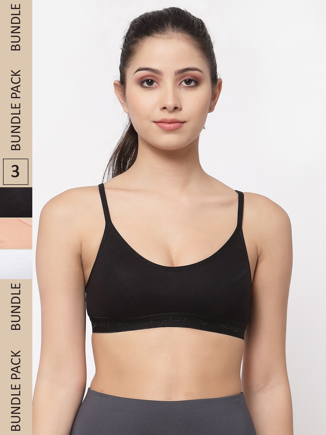 

College Girl Pack Of 3 Non Padded Cotton All Day Comfort Non-Wired Sports Workout Bra, Black