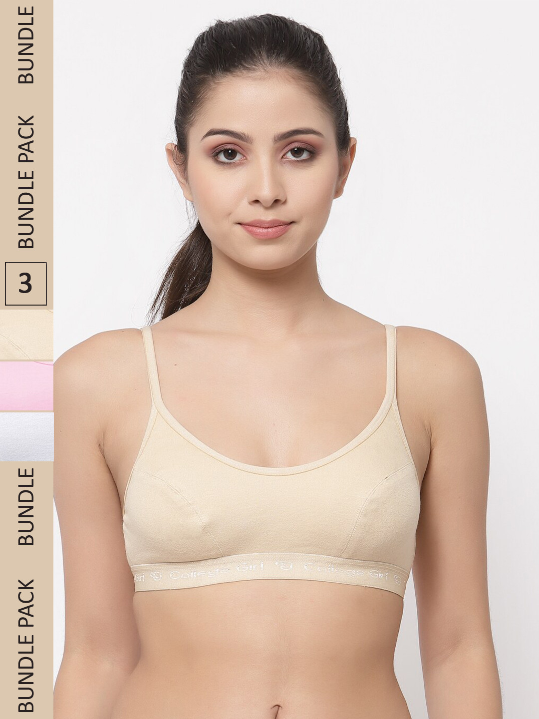 

College Girl Pack Of 3 Non Padded Cotton All Day Comfort Non-Wired Sports Workout Bra, Beige