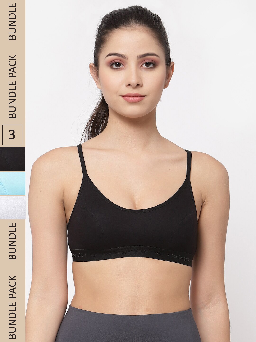 

College Girl Pack Of 3 Non Padded Cotton All Day Comfort Non-Wired Sports Workout Bra, Black