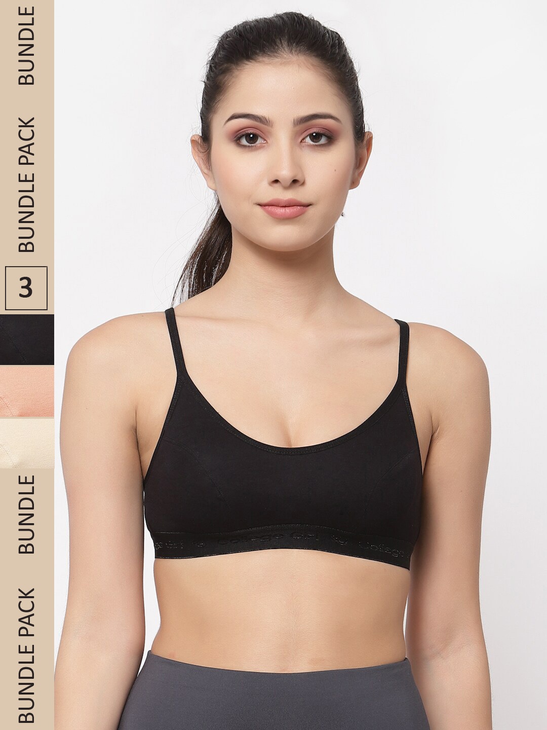 

College Girl Pack of 3 Non-Padded Non-Wired All Day Comfort Cottton Sports Bra, Black