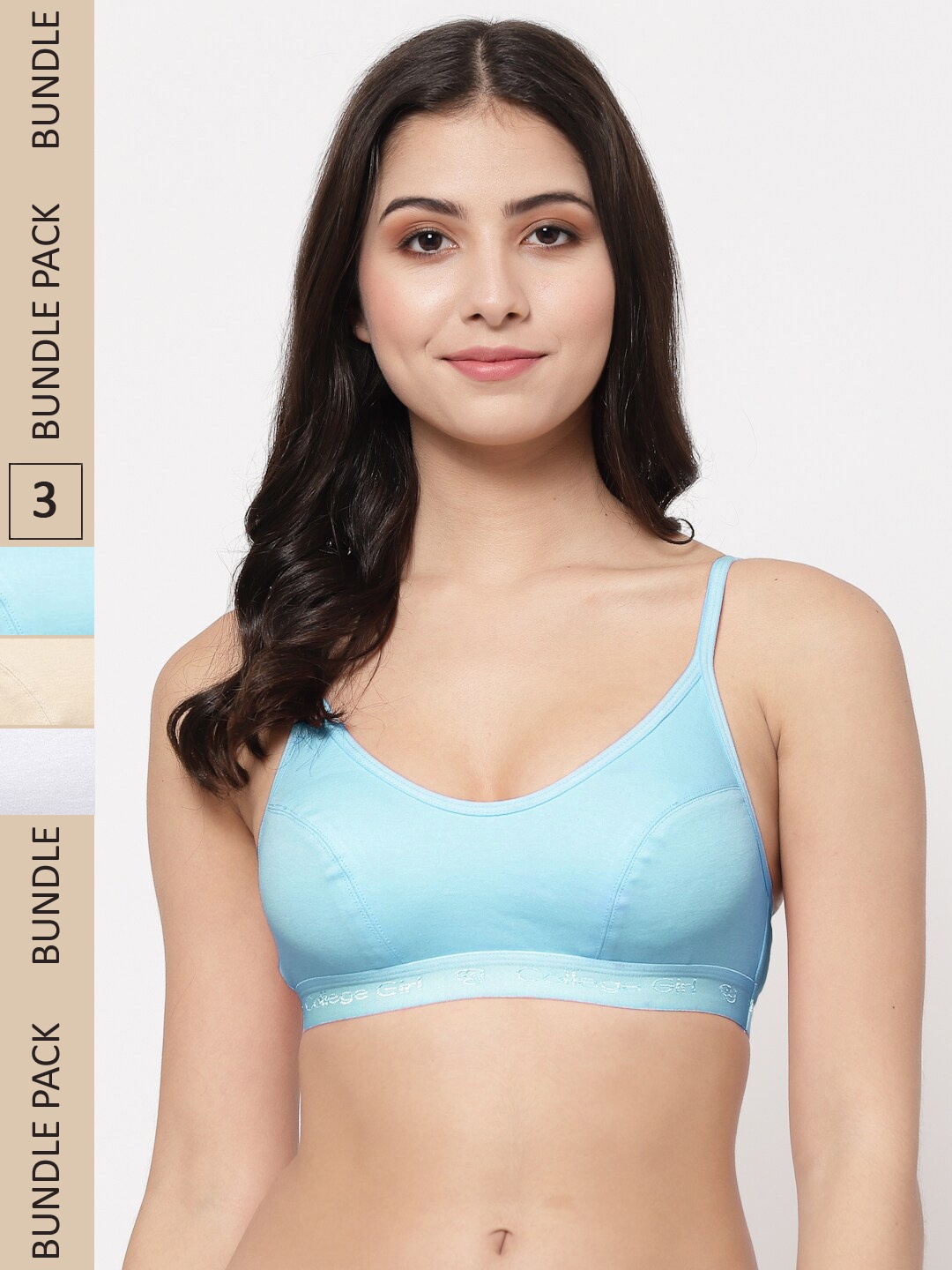 

College Girl Pack of 3 Non-Padded Non-Wired All Day Comfort Cottton Sports Bra, Turquoise blue