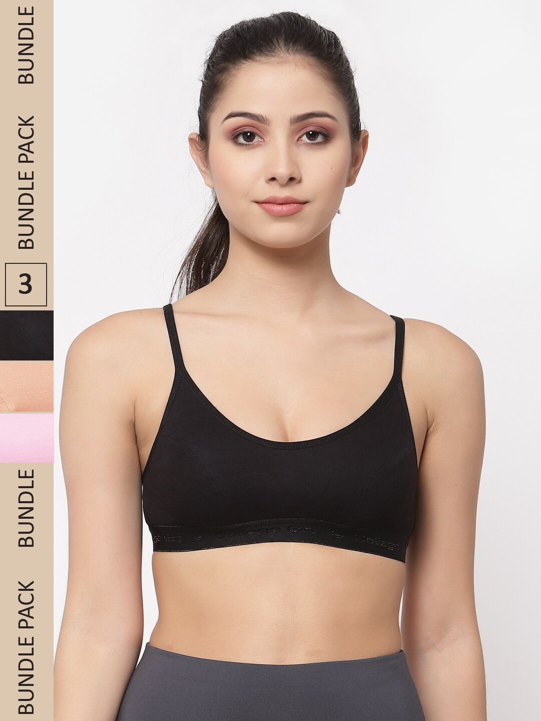 

College Girl Pack Of 3 Non Padded Cotton All Day Comfort Non-Wired Sports Workout Bra, Black