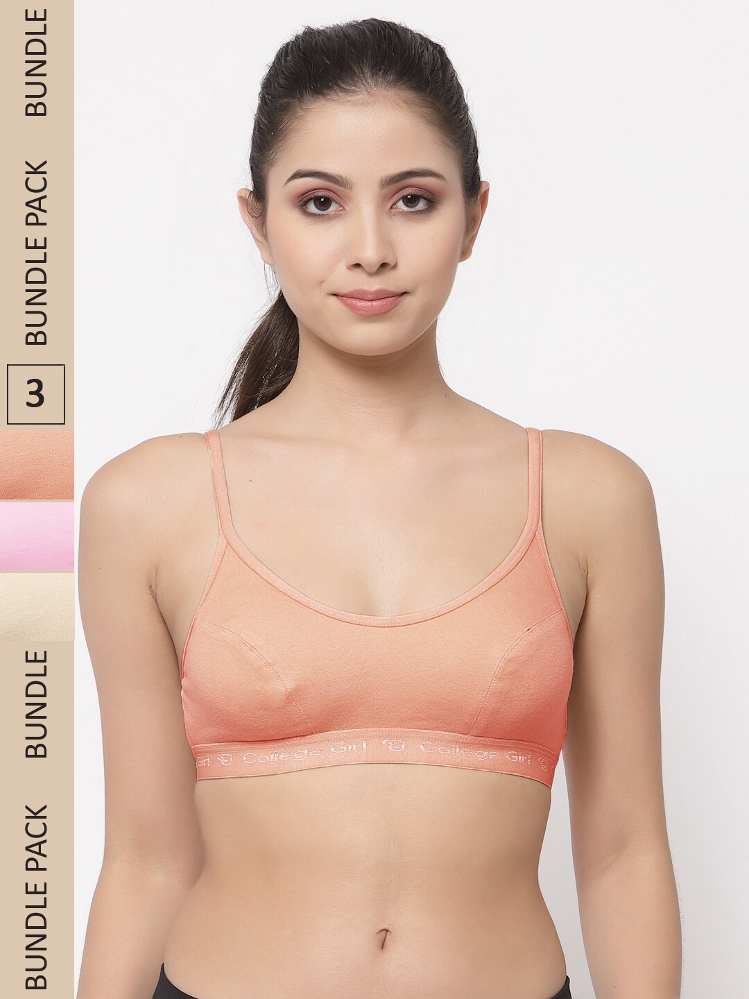 

College Girl Pack Of 3 Non Padded Cotton All Day Comfort Non-Wired Sports Workout Bra, Peach