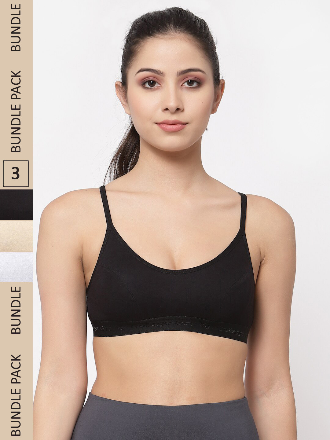 

College Girl Pack of 3 Non-Padded Non-Wired All Day Comfort Cottton Sports Bra, Black